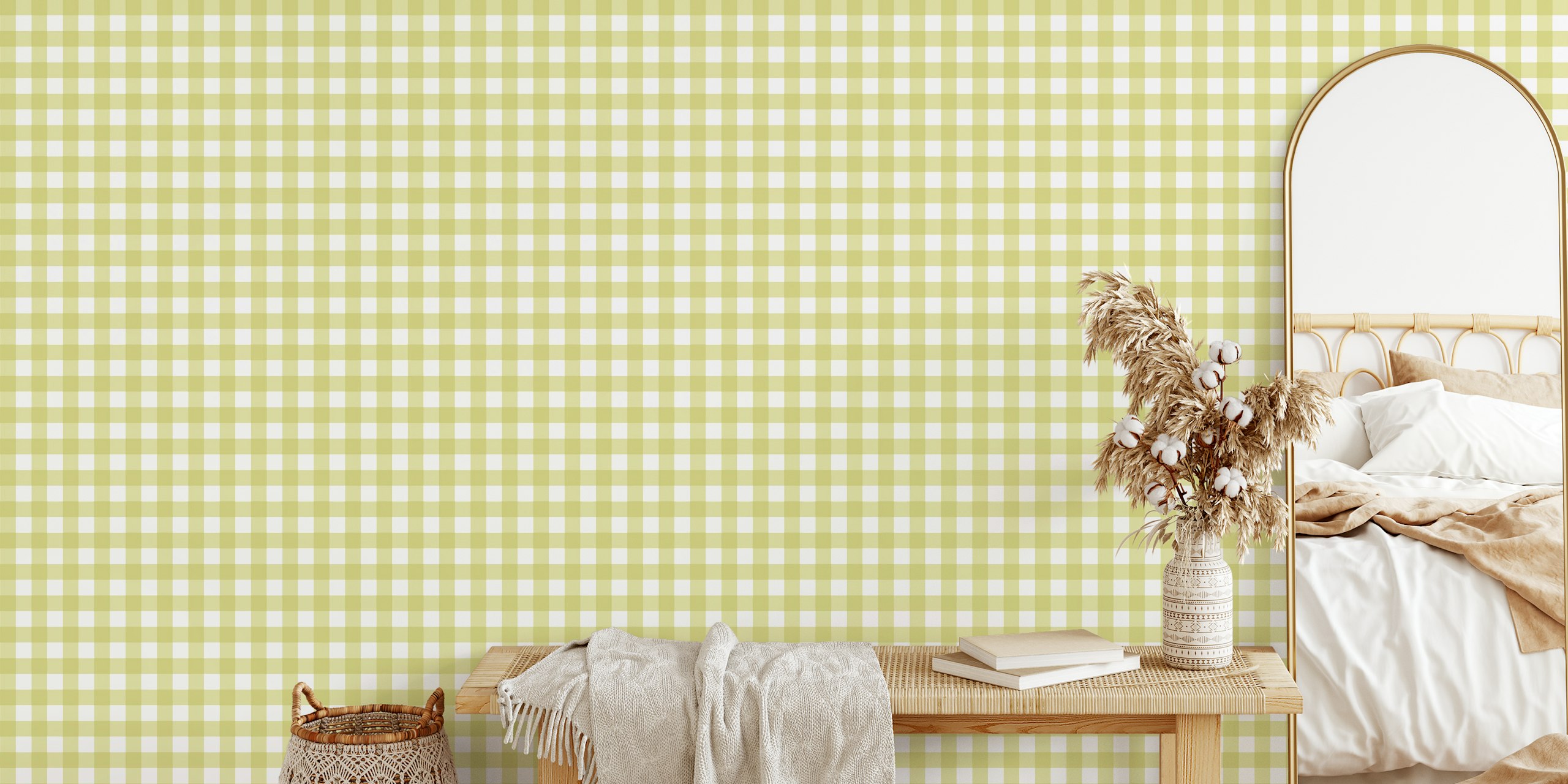 Gingham soft green tapet i ett rum
