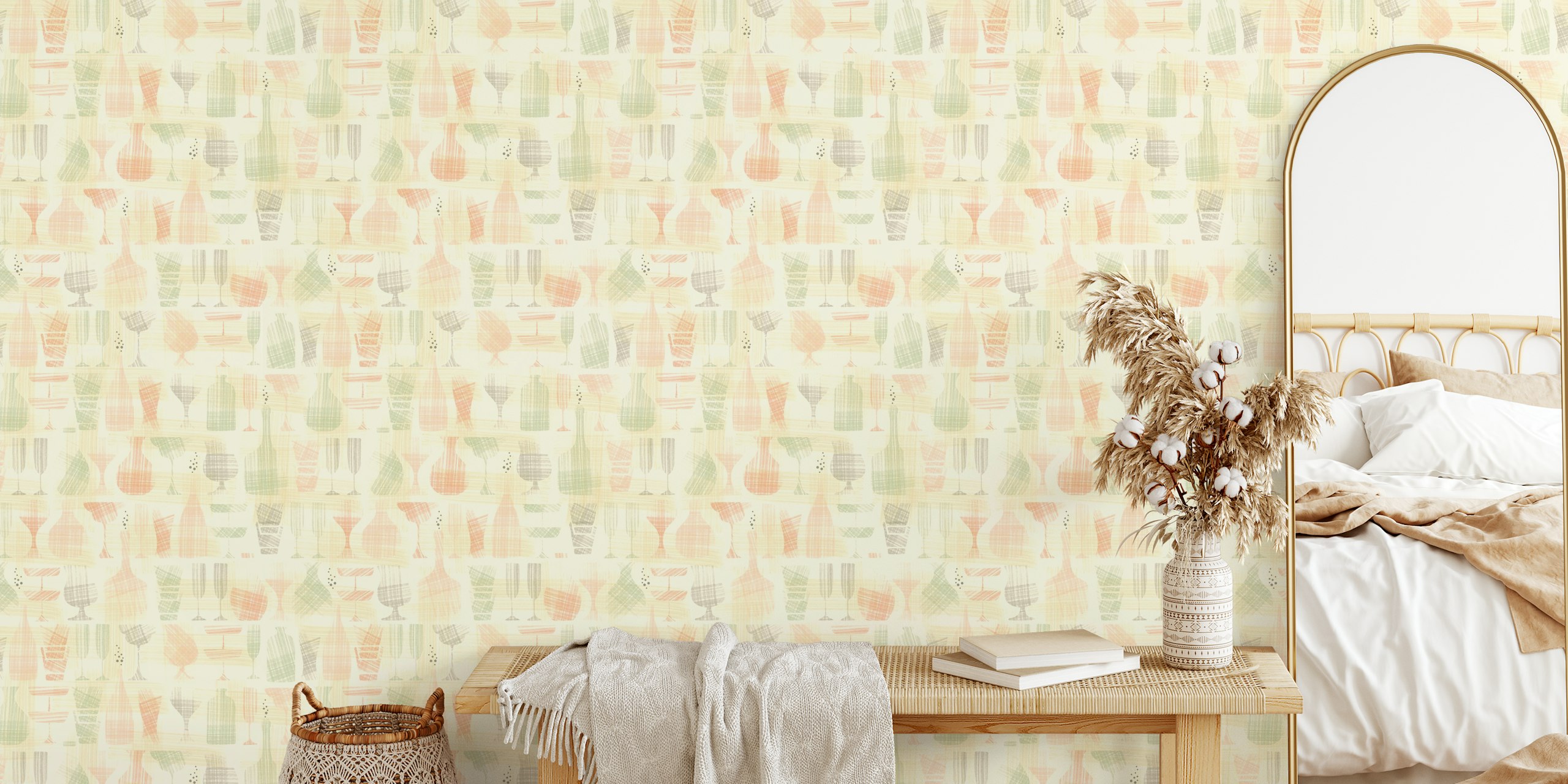 Beige wallpaper with drinking glasses and bottles in pastel colors