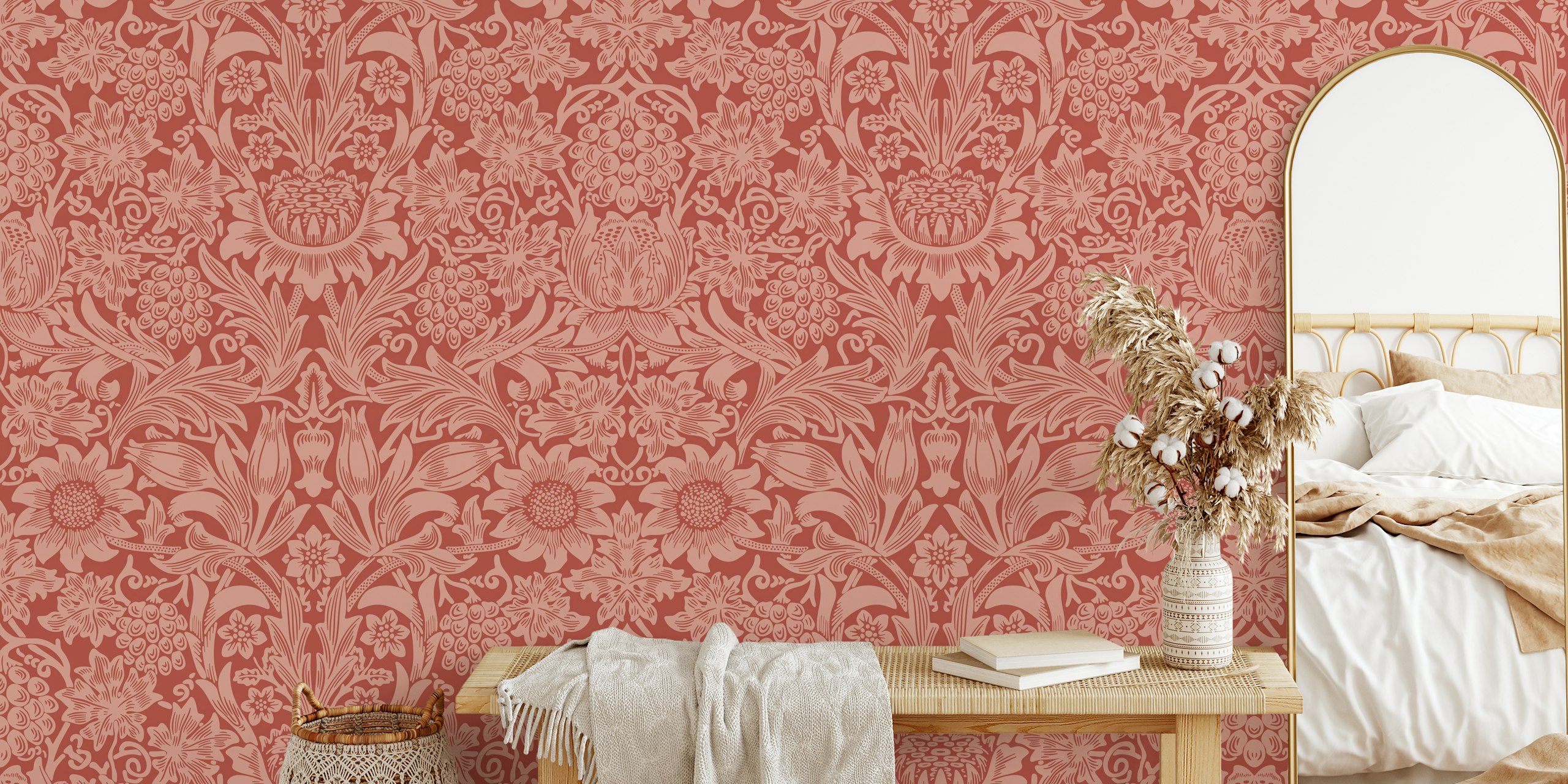 Victorian floral pattern in red with detailed flowers wallpaper