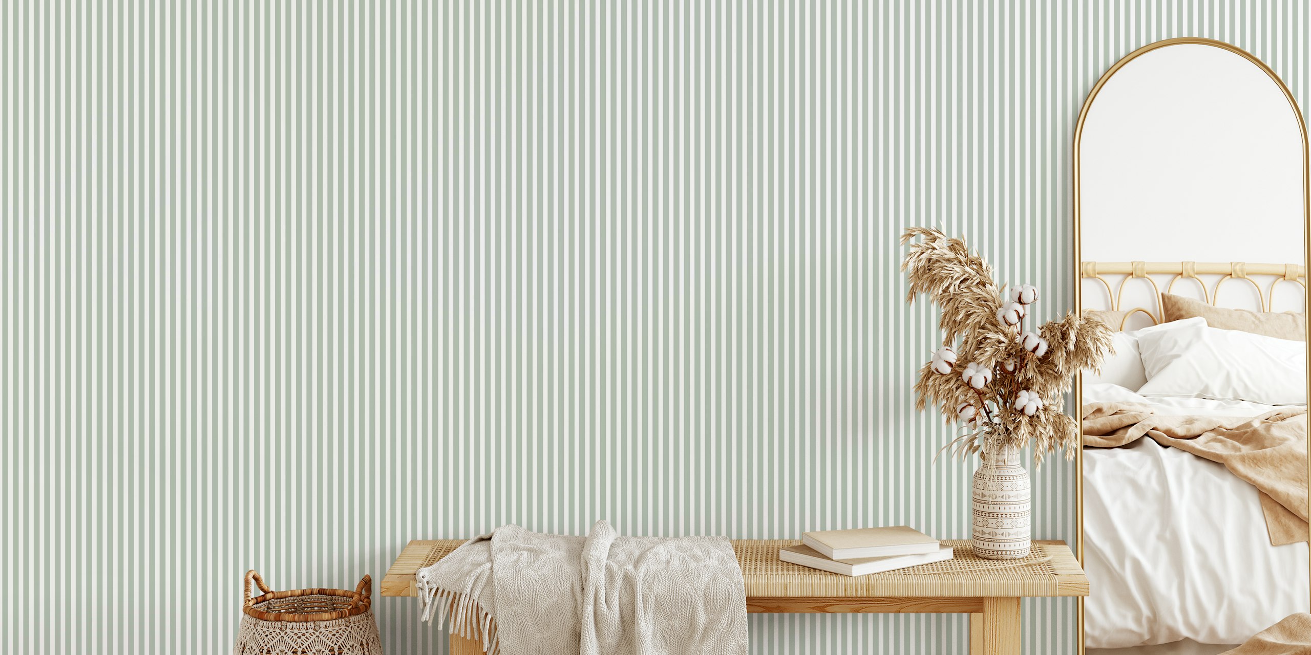 Classic thin stripes wallpaper in sage grey