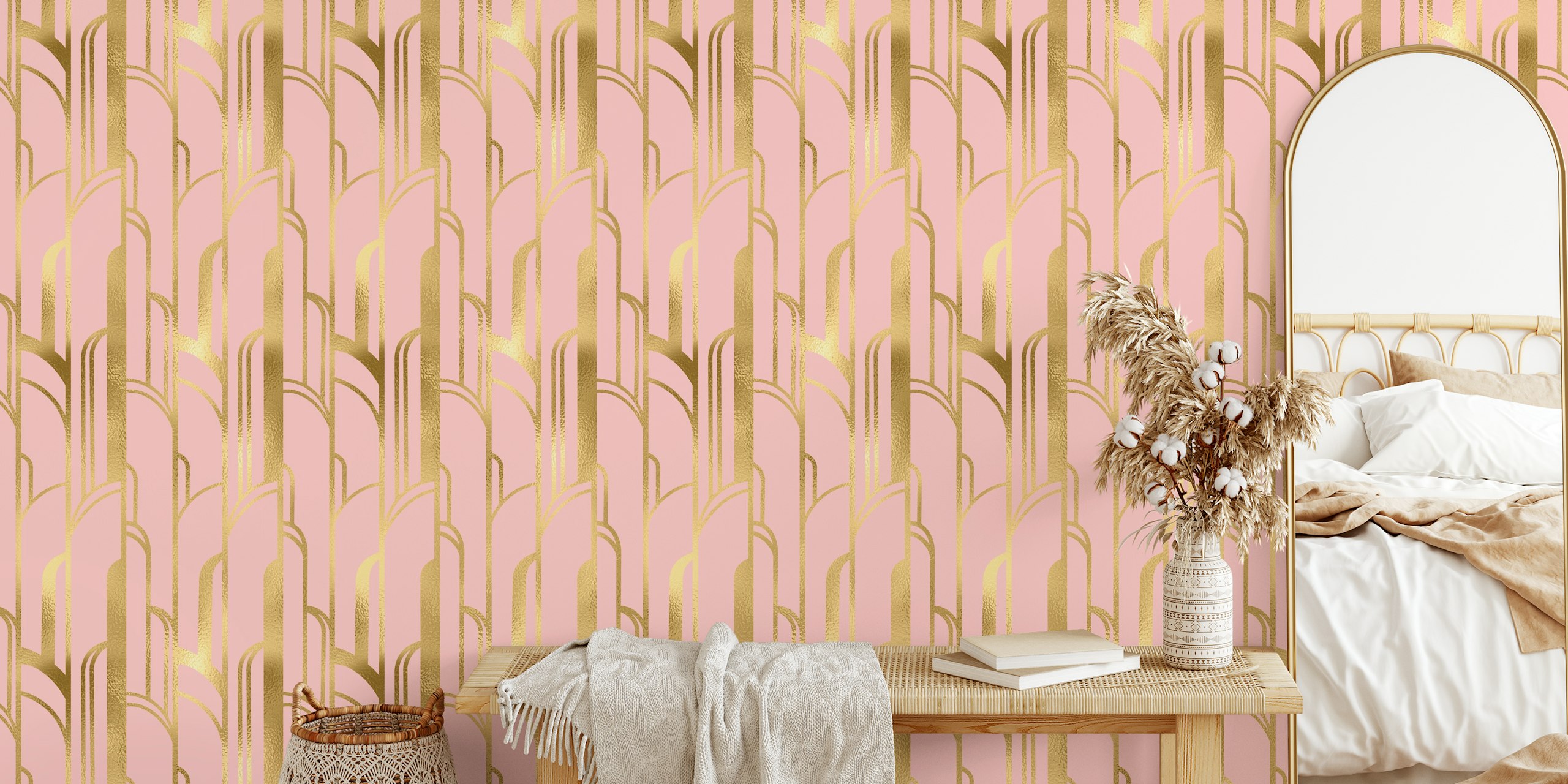 Art Deco pattern with gold lines on pink background wallpaper
