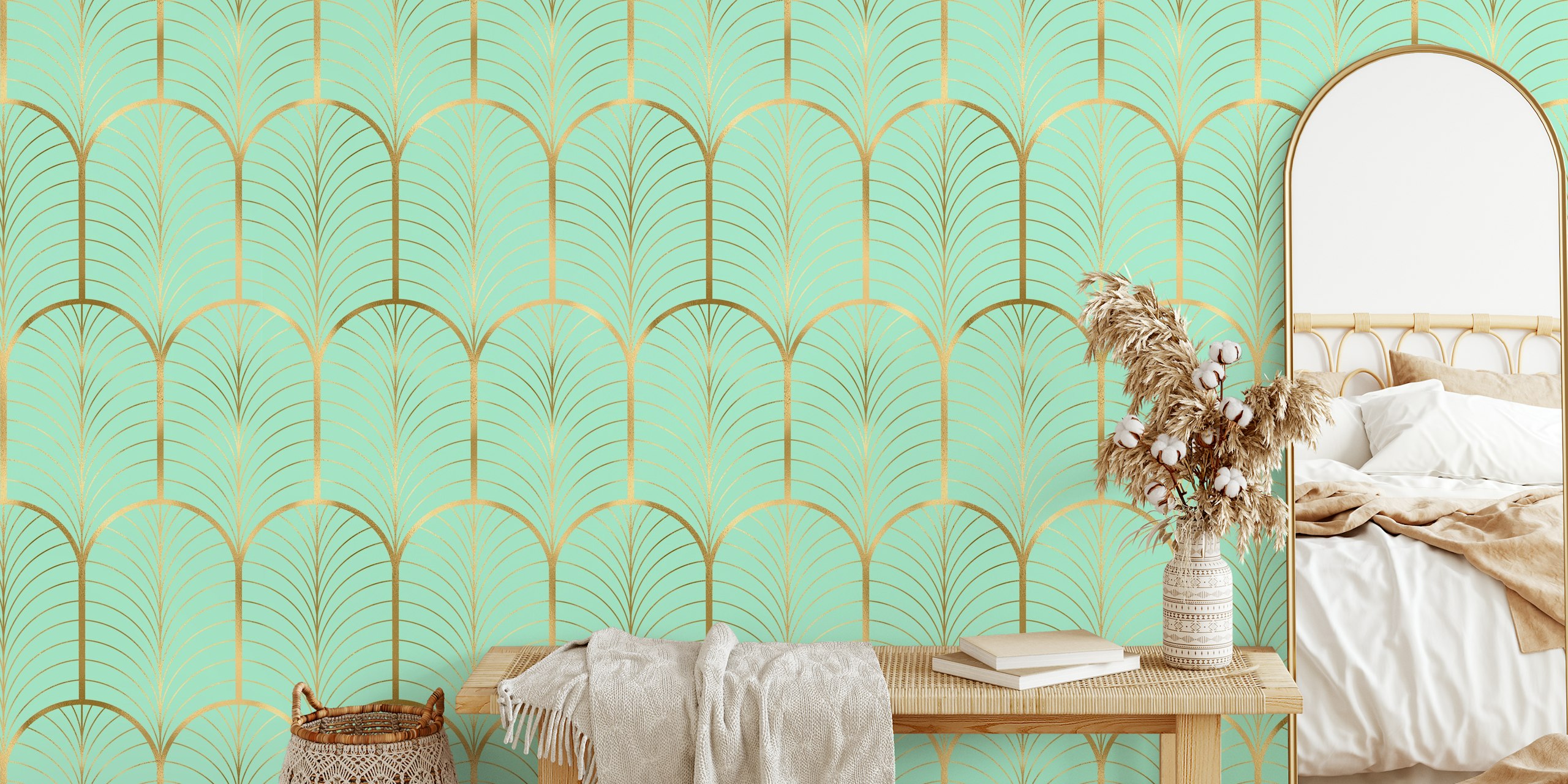 Art Deco wallpaper design in gold and mint green