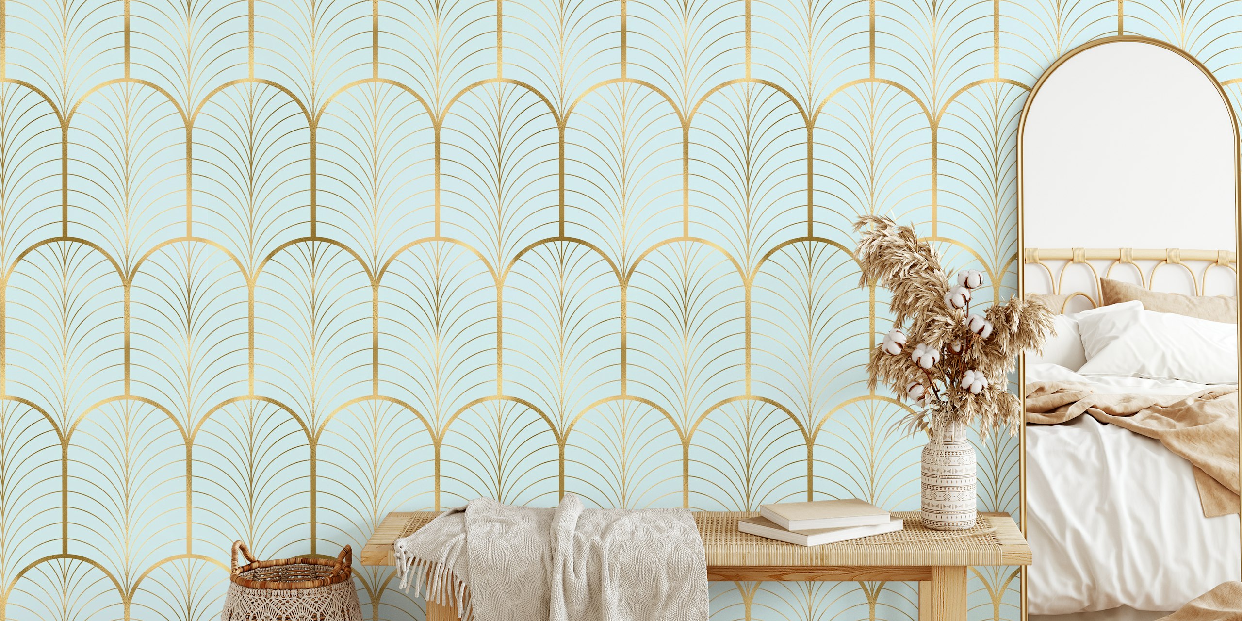Art Deco wallpaper in gold and baby blue