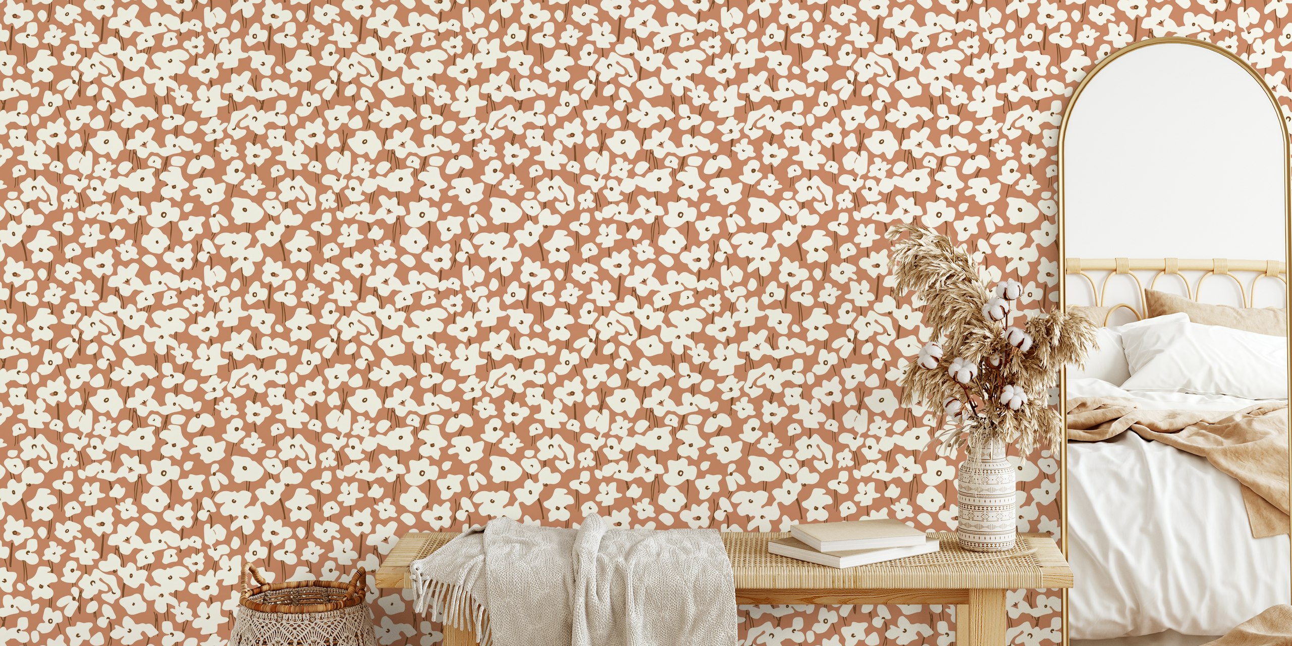 White floral pattern on warm brown background wallpaper