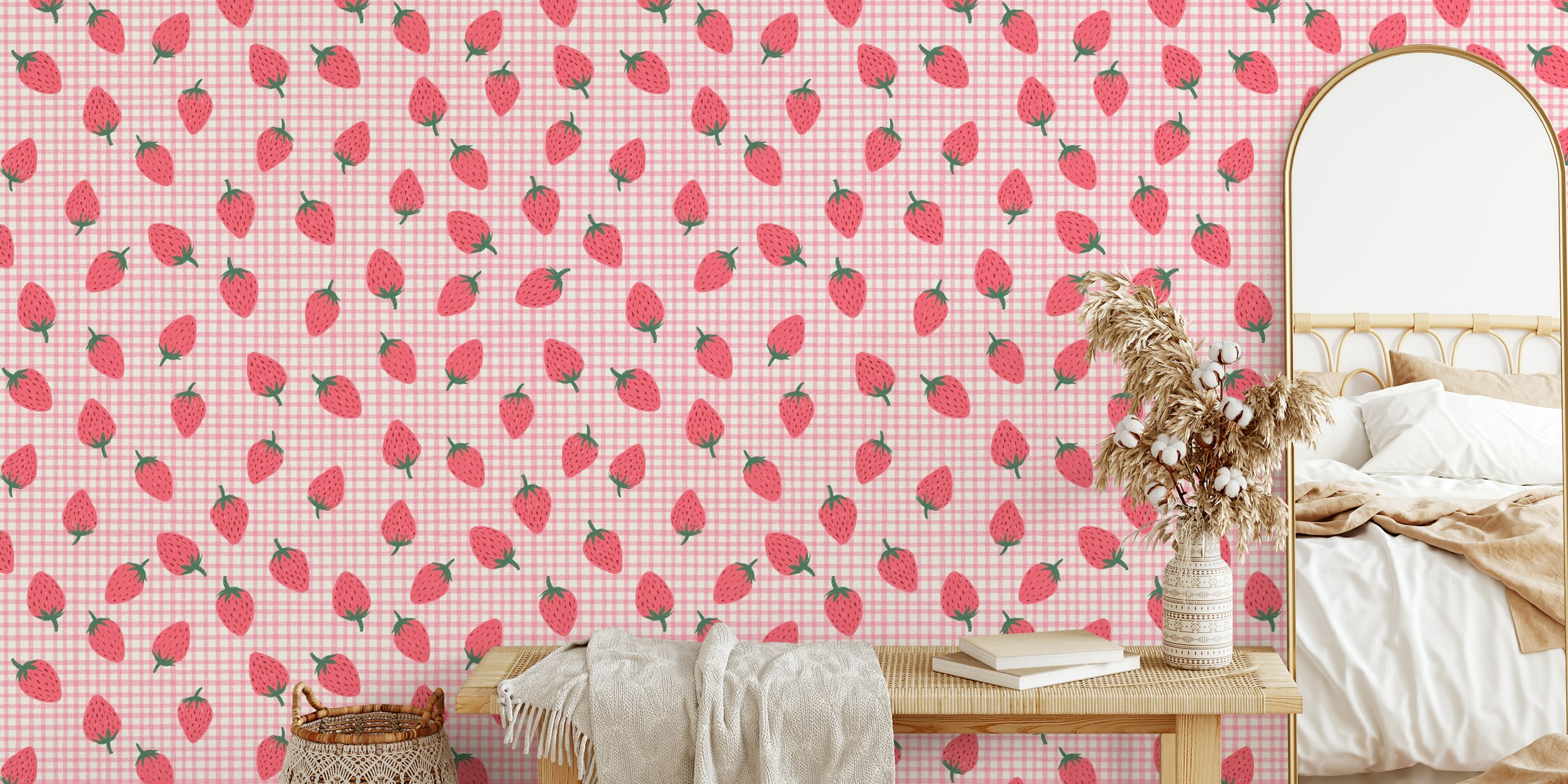 Pink strawberry plaid wallpaper design
