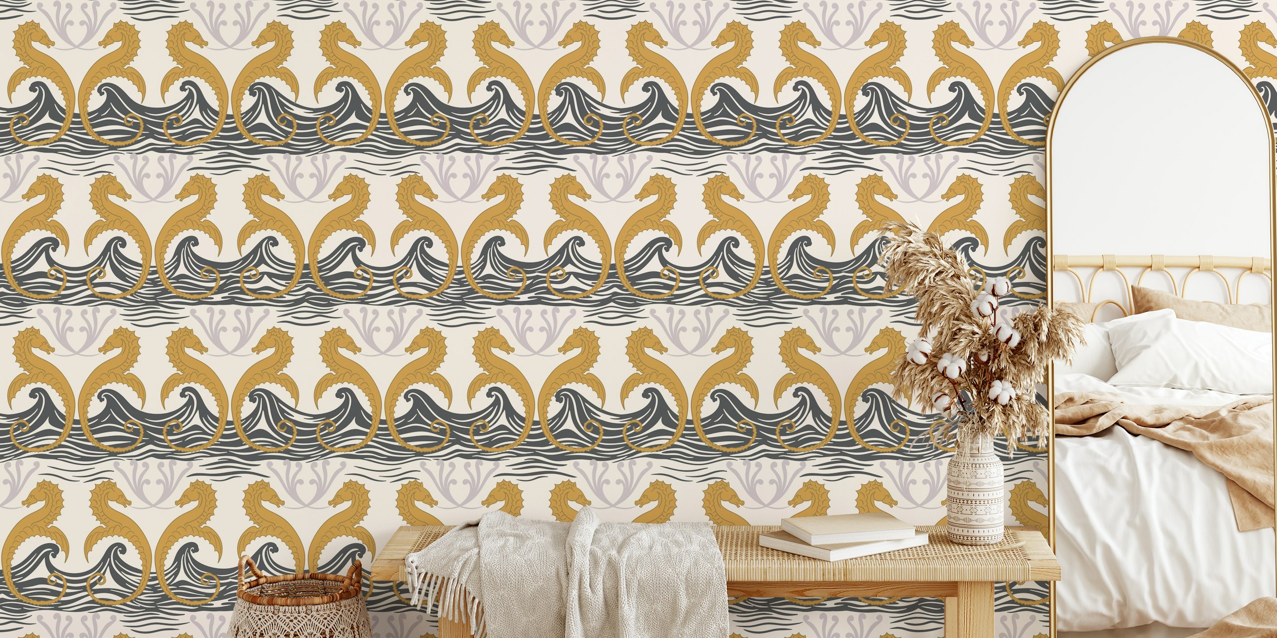 Vintage seahorse design with gold seahorses on black waves wallpaper