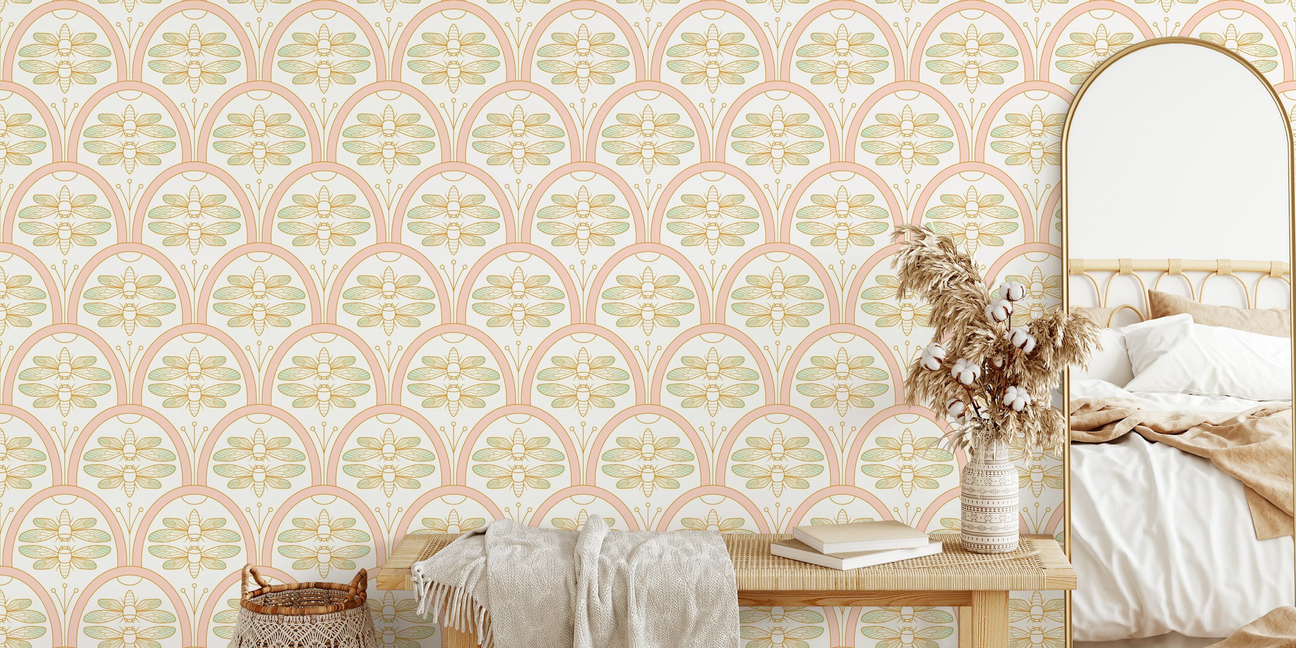 Cicada Damask wallpaper in blush pink e gold