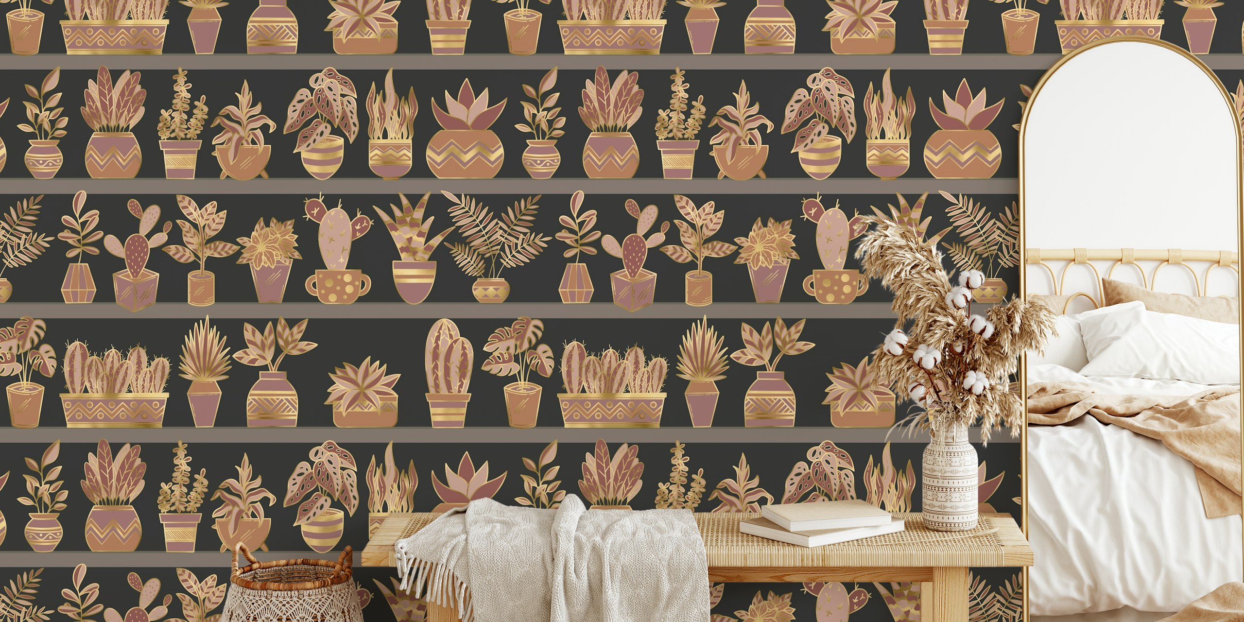 Shelves with various potted plants in earthy tones wallpaper