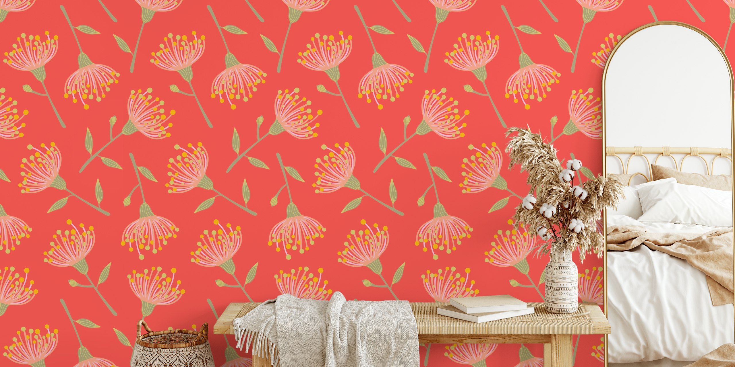 Eucalyptus tossed Floral behang in koraaloranje