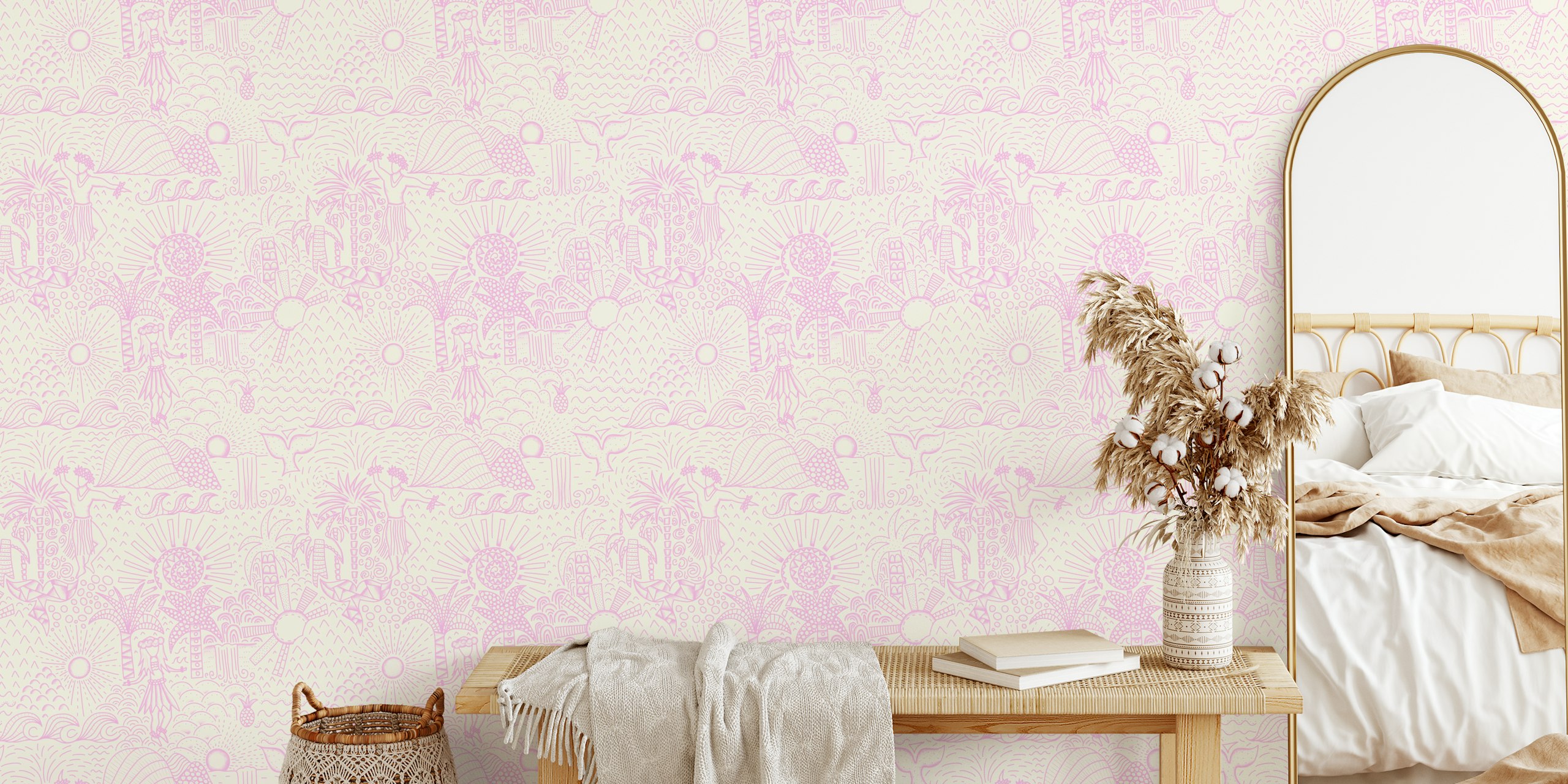 Tropical pink beach scenes with hula dancers and sun motifs wallpaper