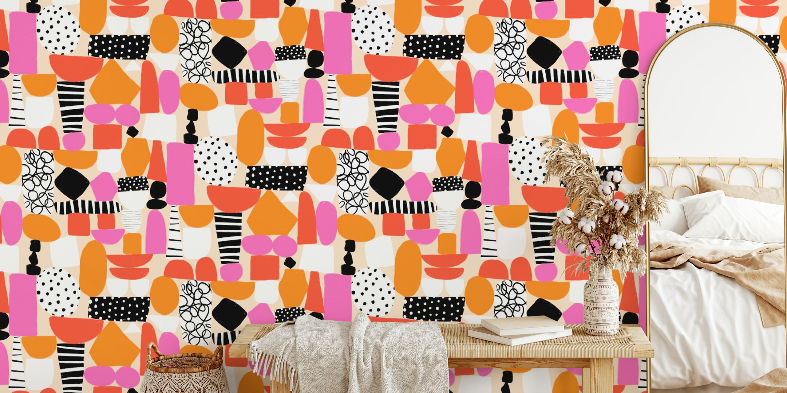 Colorful cut-out doodle pattern in pink, orange, and black wallpaper