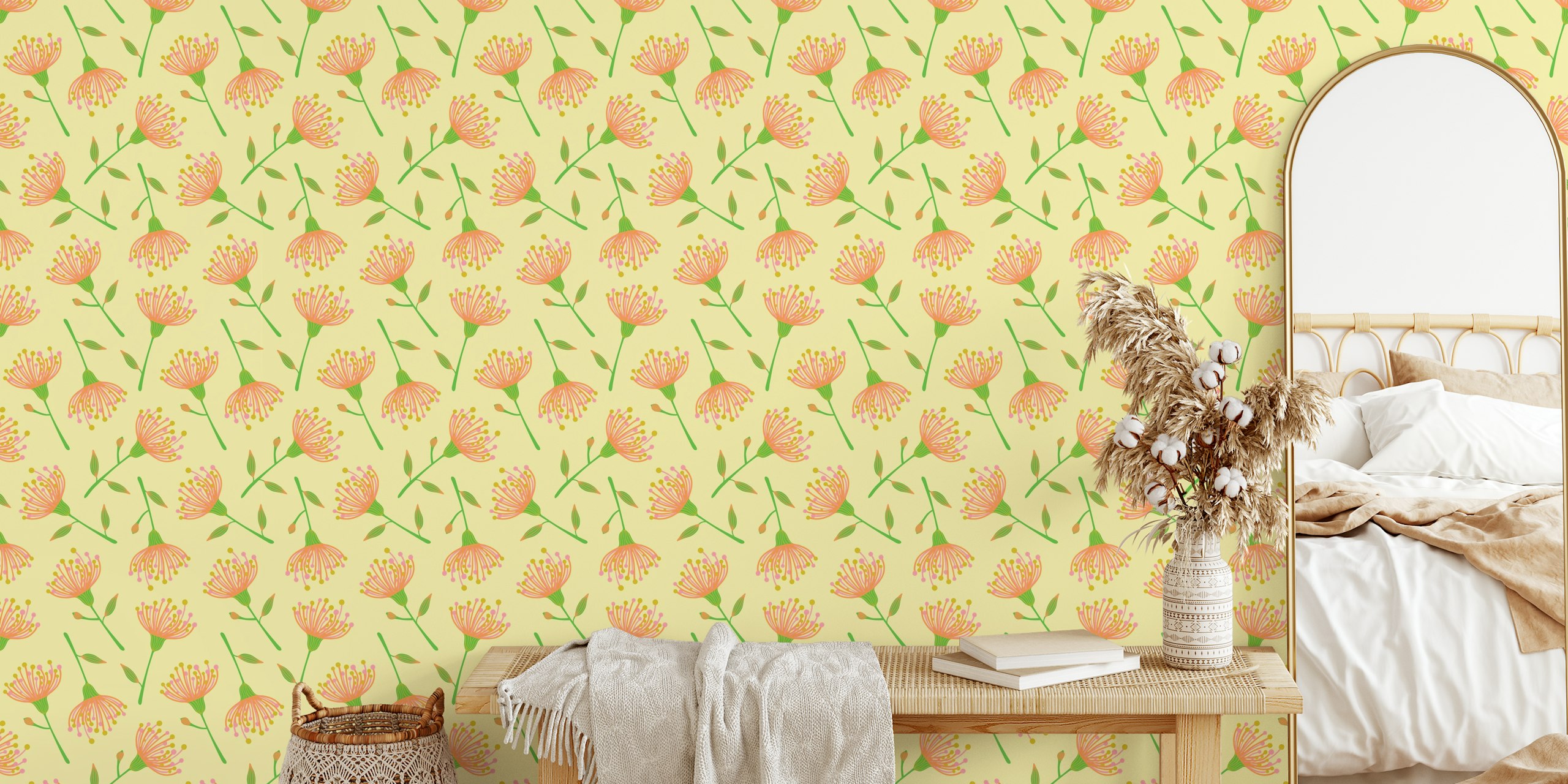 Eucalyptus floral wallpaper with light yellow background