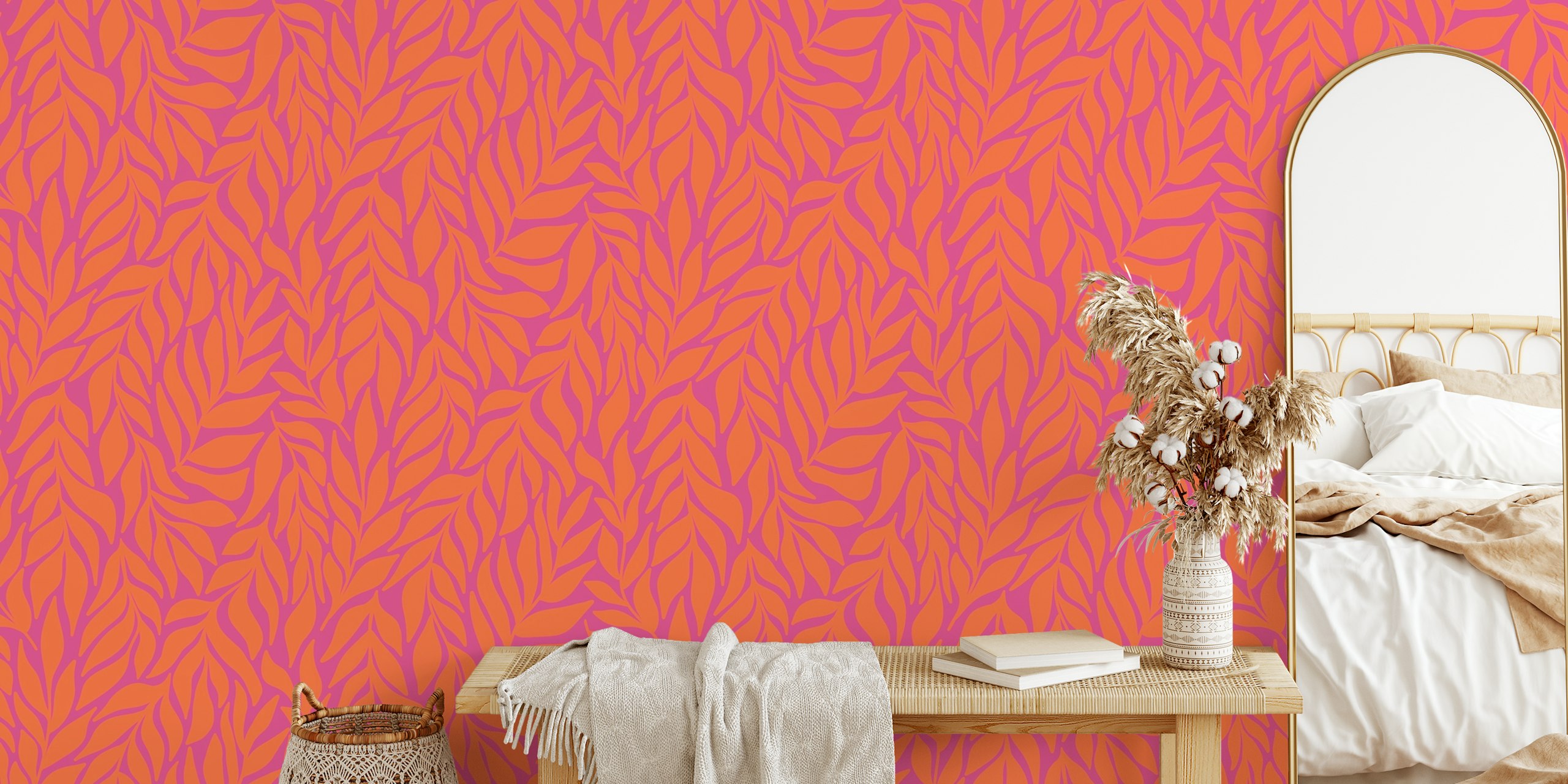 Flowing abstract leaves wallpaper in a room