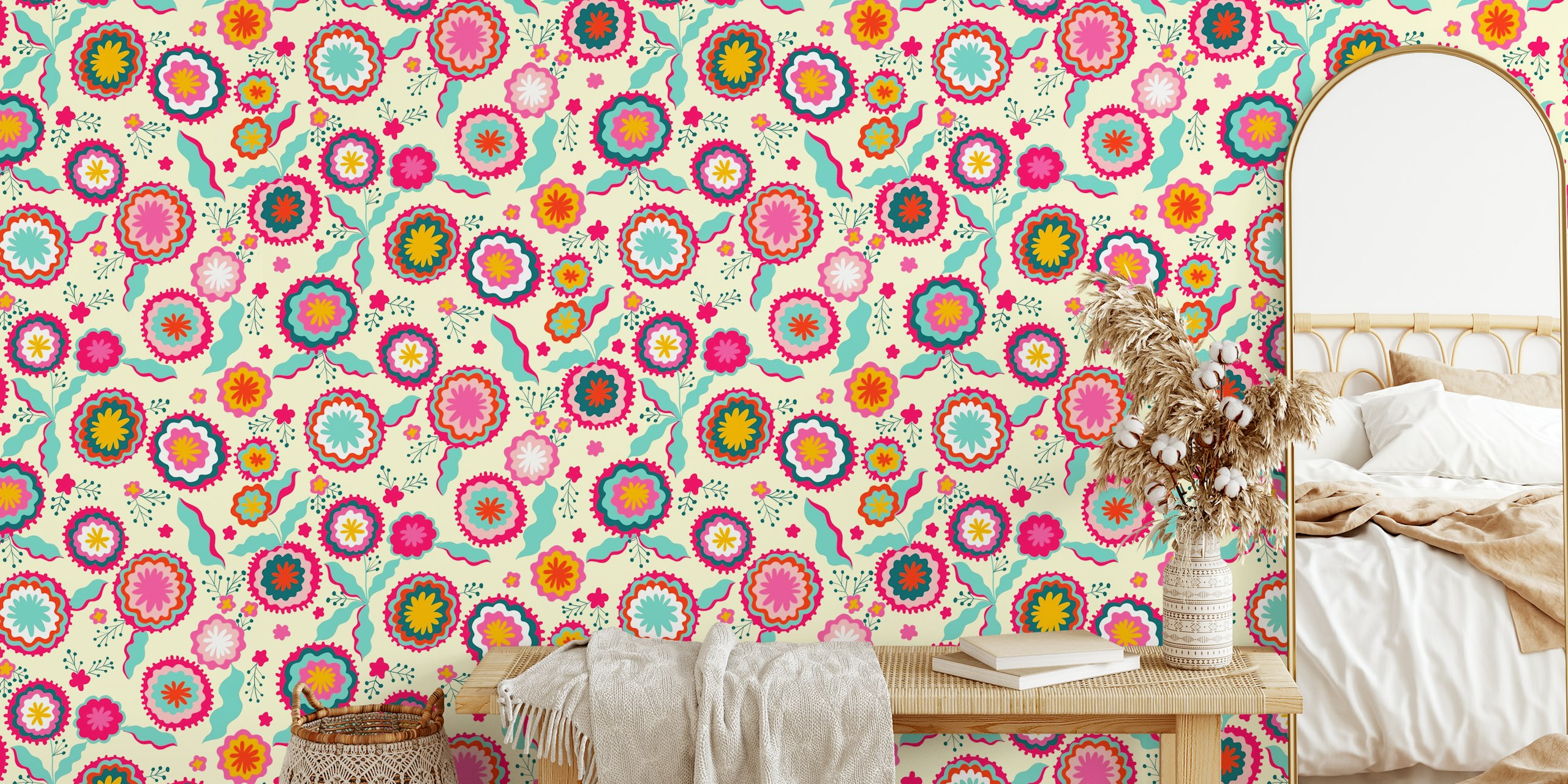Design de papel de parede Bright floral carpet em um quarto