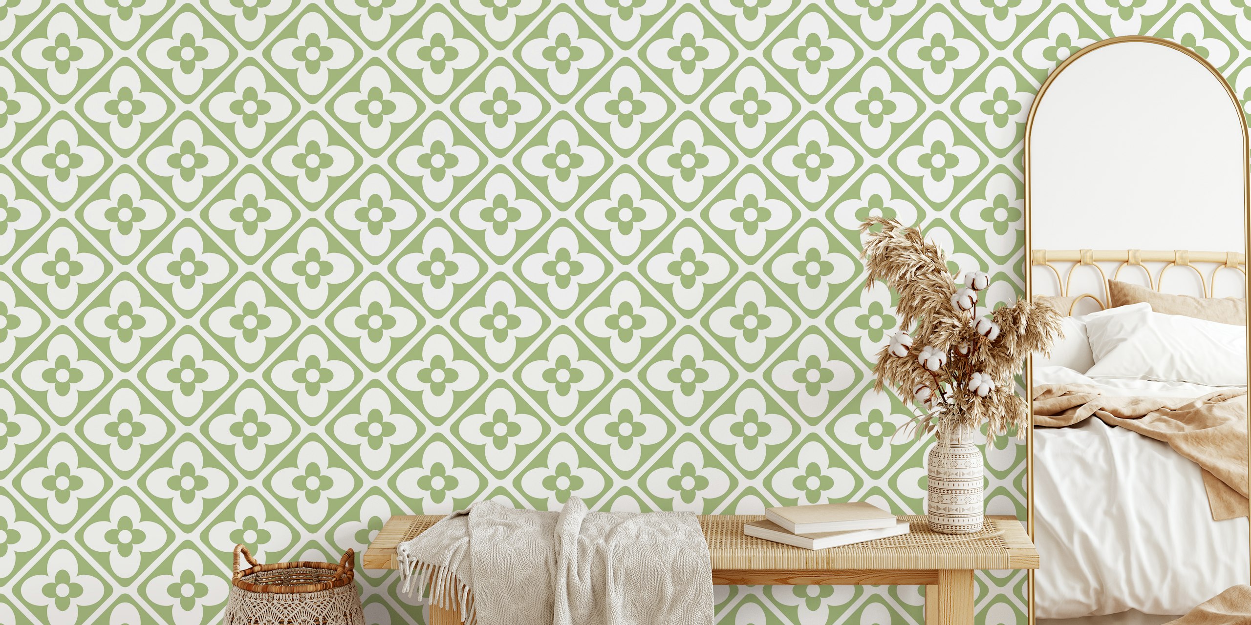 Sage Green Floral Motif Geo Tiles tapet