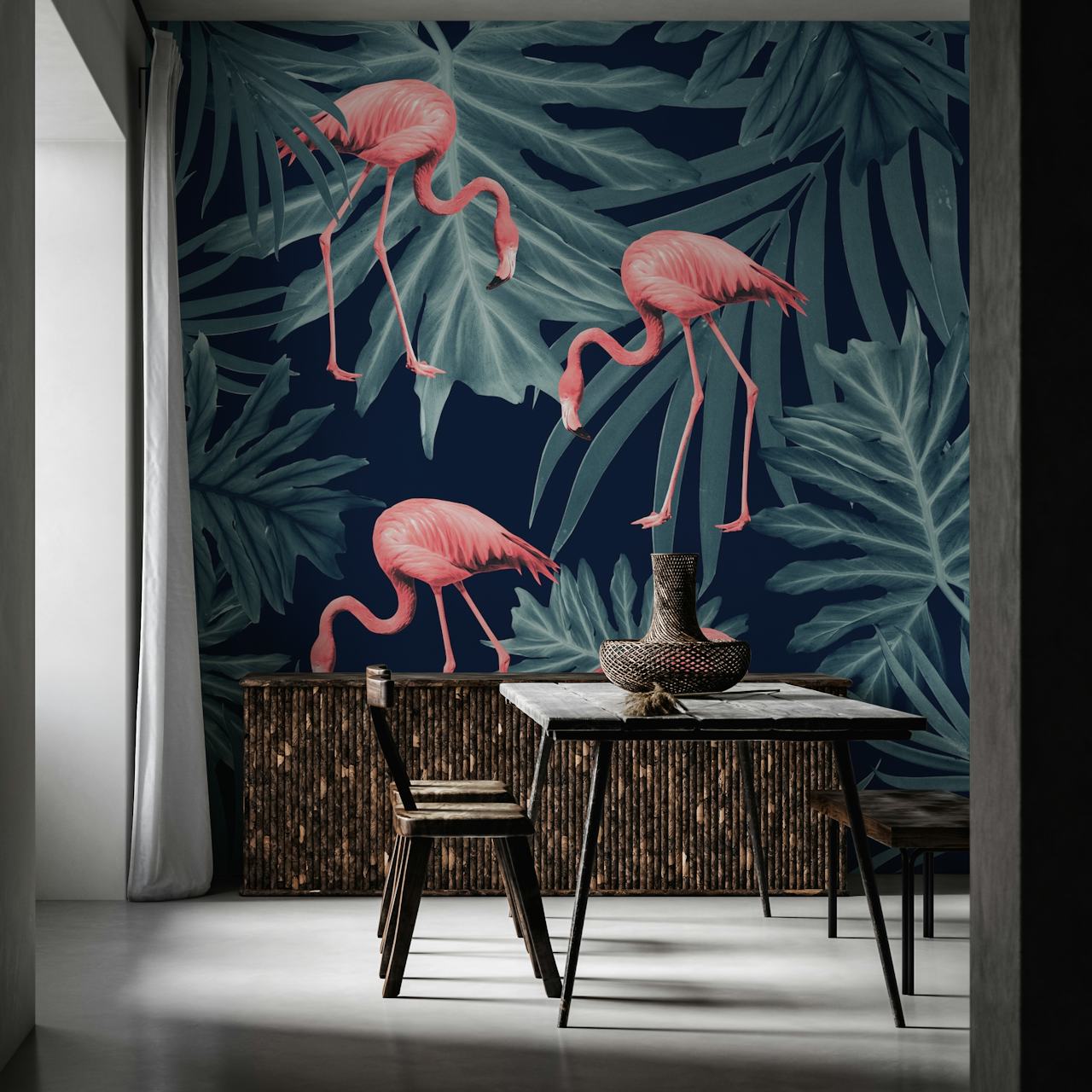 Pink flamingos among dark tropical leaves wall mural