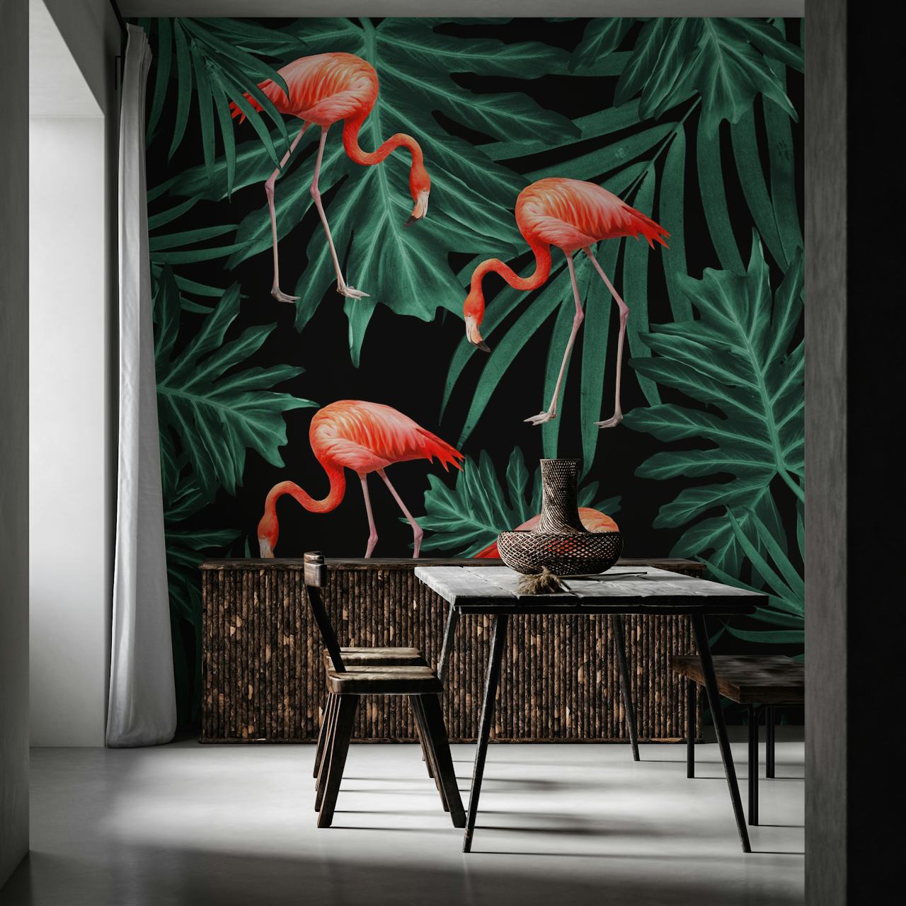 Flamingo and foliage pattern wallpaper in room