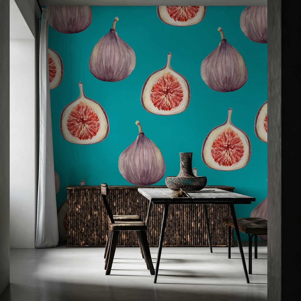Papel pintado Figs Teal exhibido en una habitación