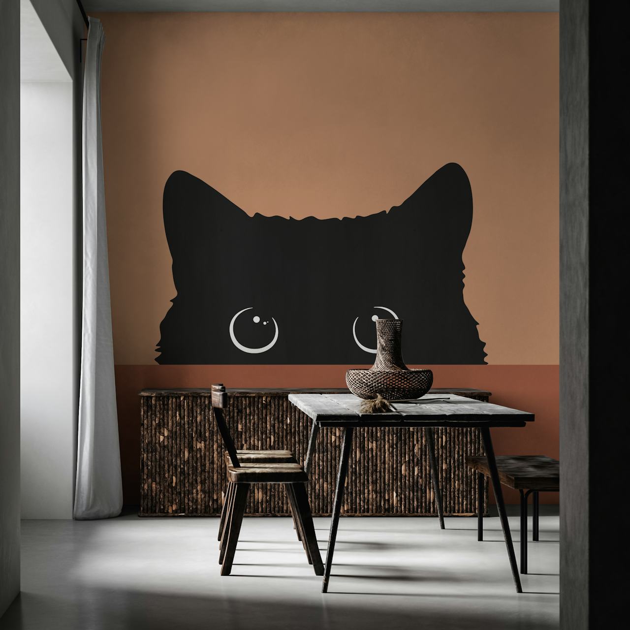 Minimalist black cat silhouette with captivating eyes wall mural