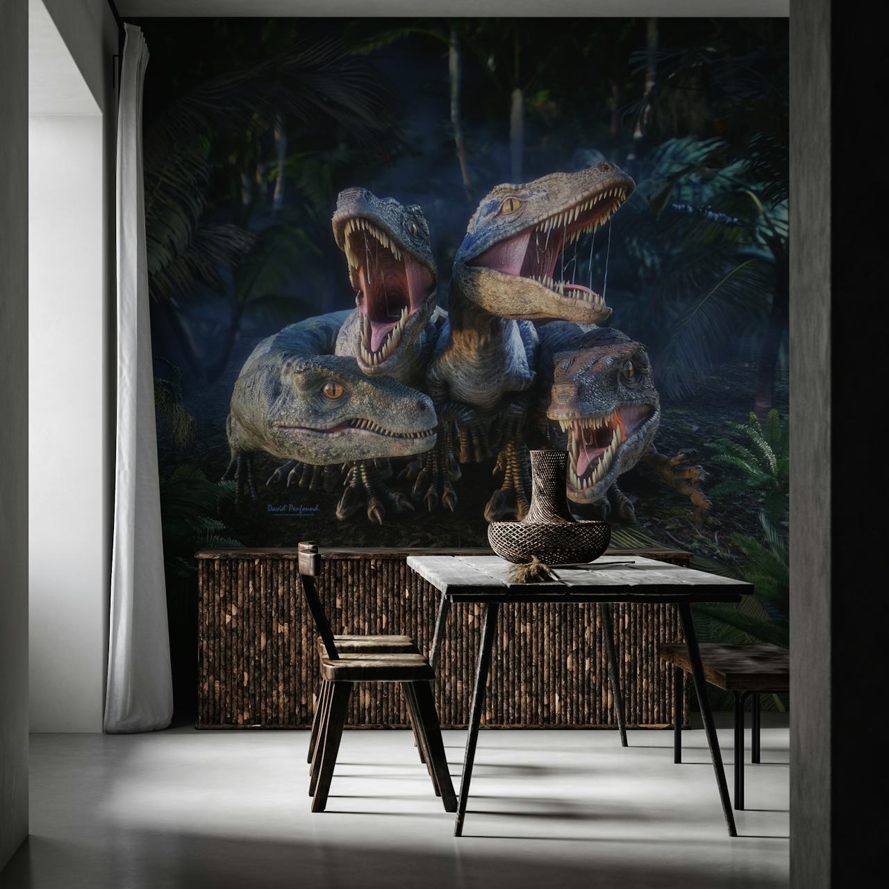 Raptor Squad dinosaur-themed wall mural with three raptors in a jungle