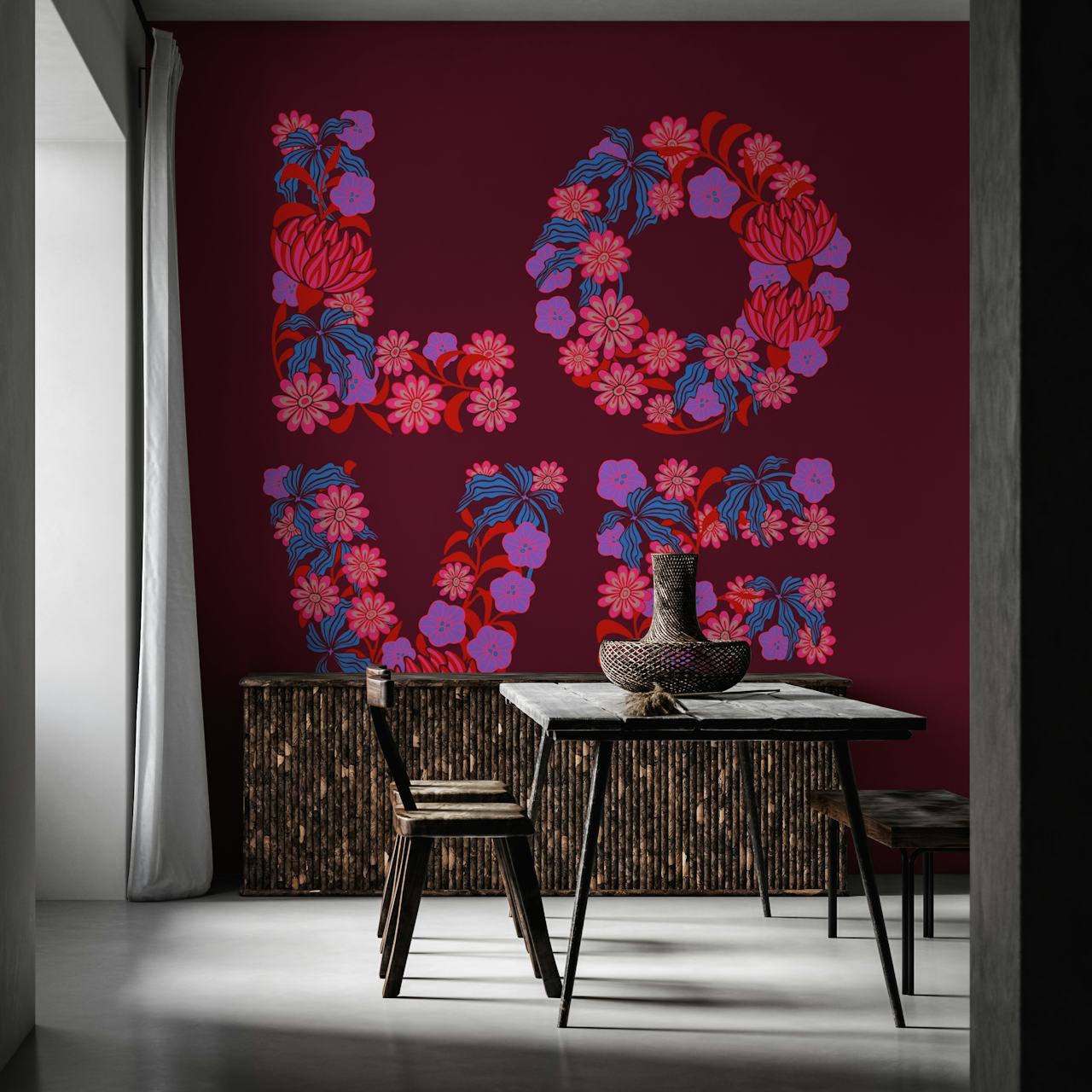 Flowered Love Floral Lettering wallpaper design