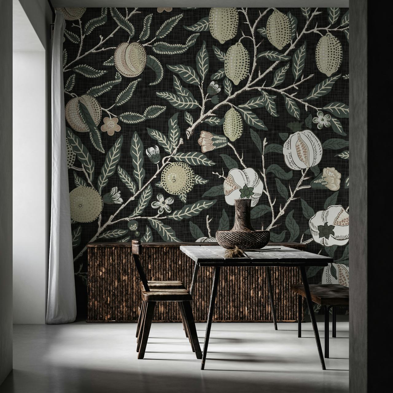 William Morris Pomegranate Fruit Moody papel de parede na sala