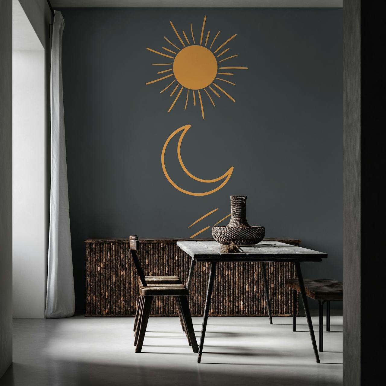 Sun, moon, and stars wall mural in golden hues on a dark background