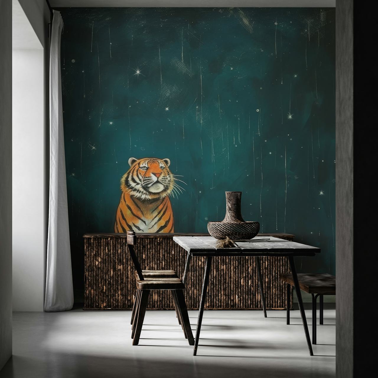 Minimal tiger wallpaper en una habitación