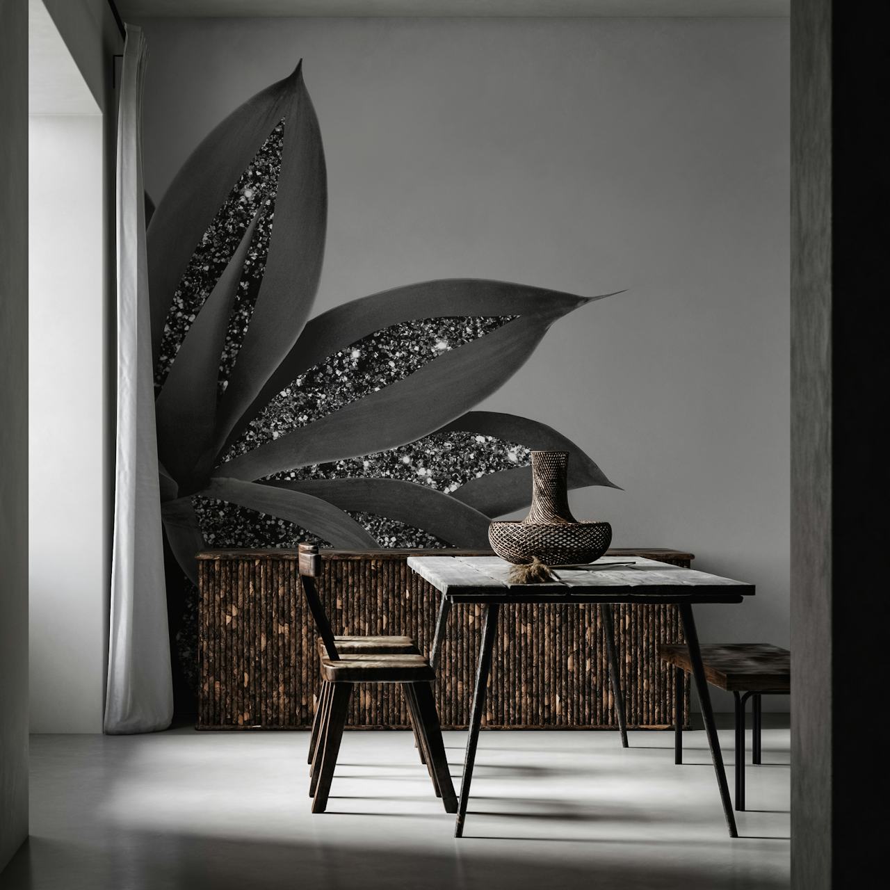 Black glitter agave leaves on a gray background wallpaper