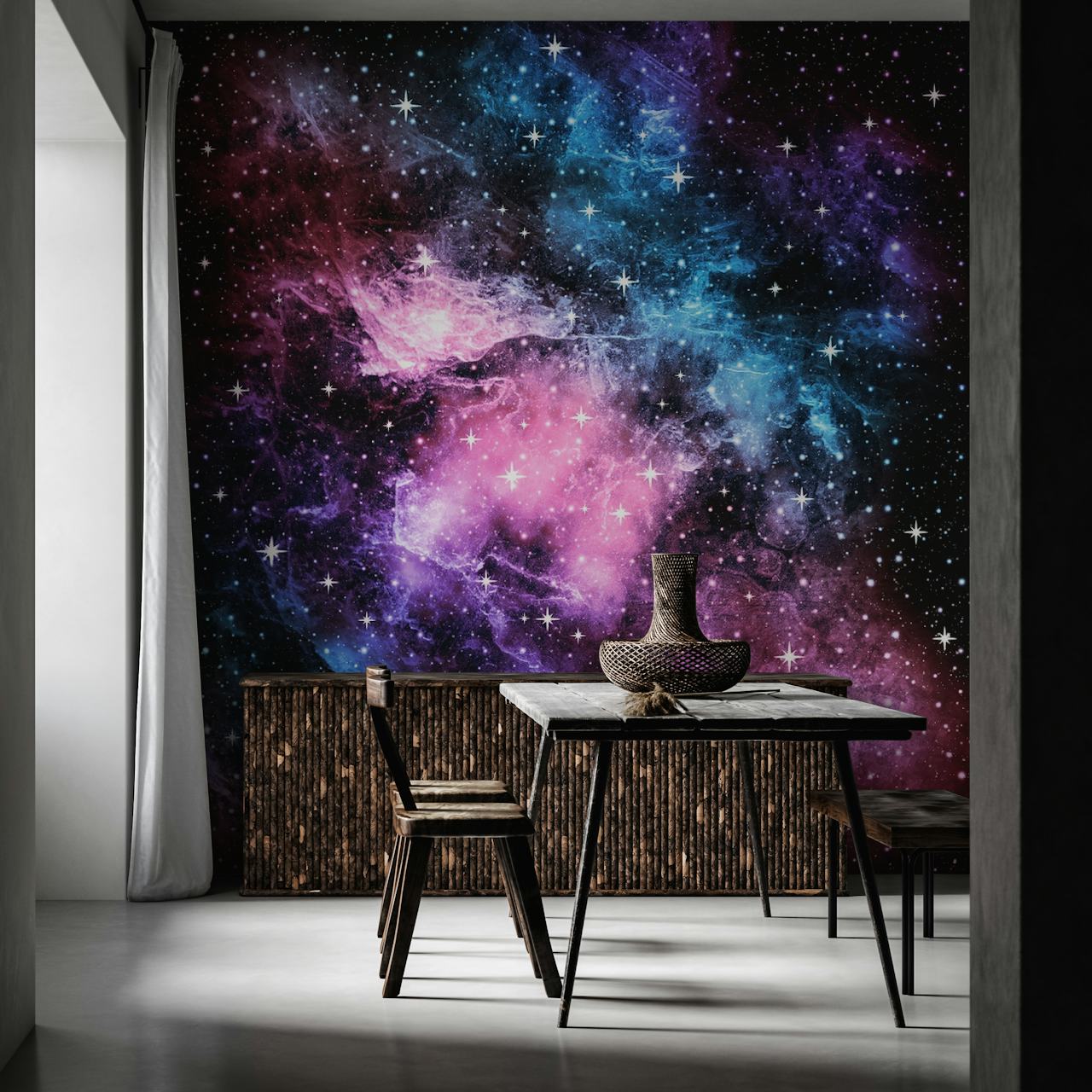 Pink Purple Galaxy Nebula Wall Mural depicting a starry space scene