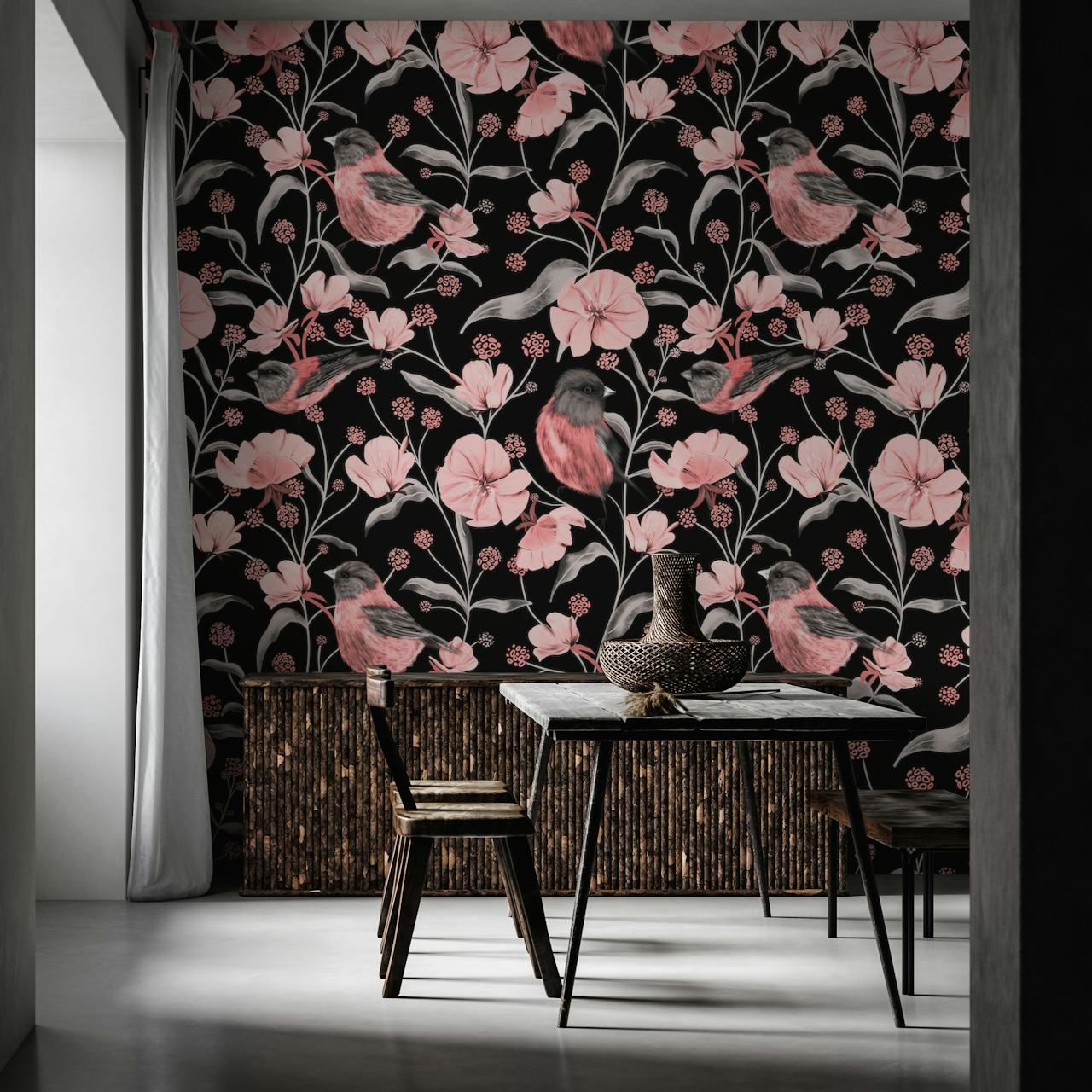Pink birds and flowers patterned wallpaper