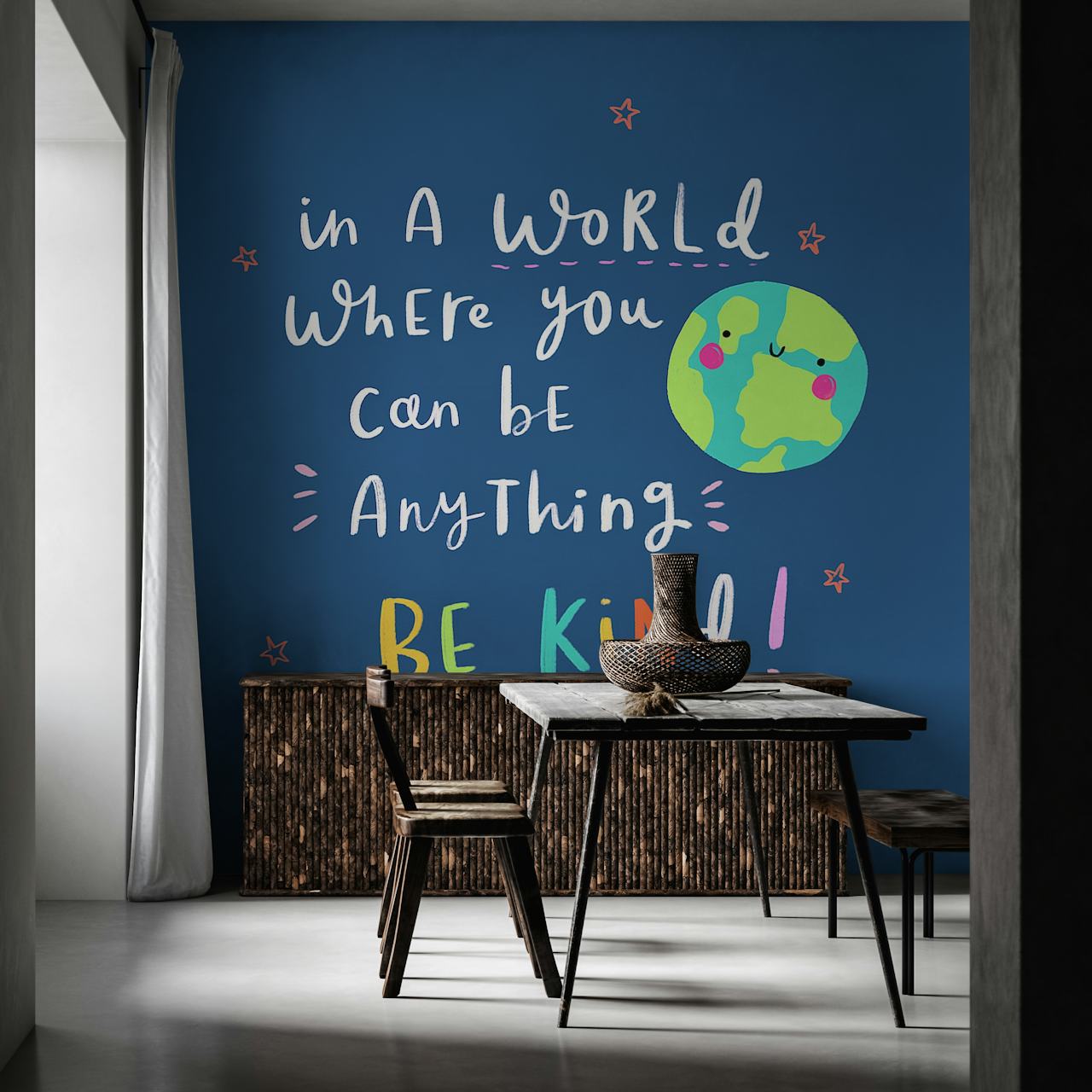 Colorful text 'Be Kind' with earth illustration on navy background wallpaper