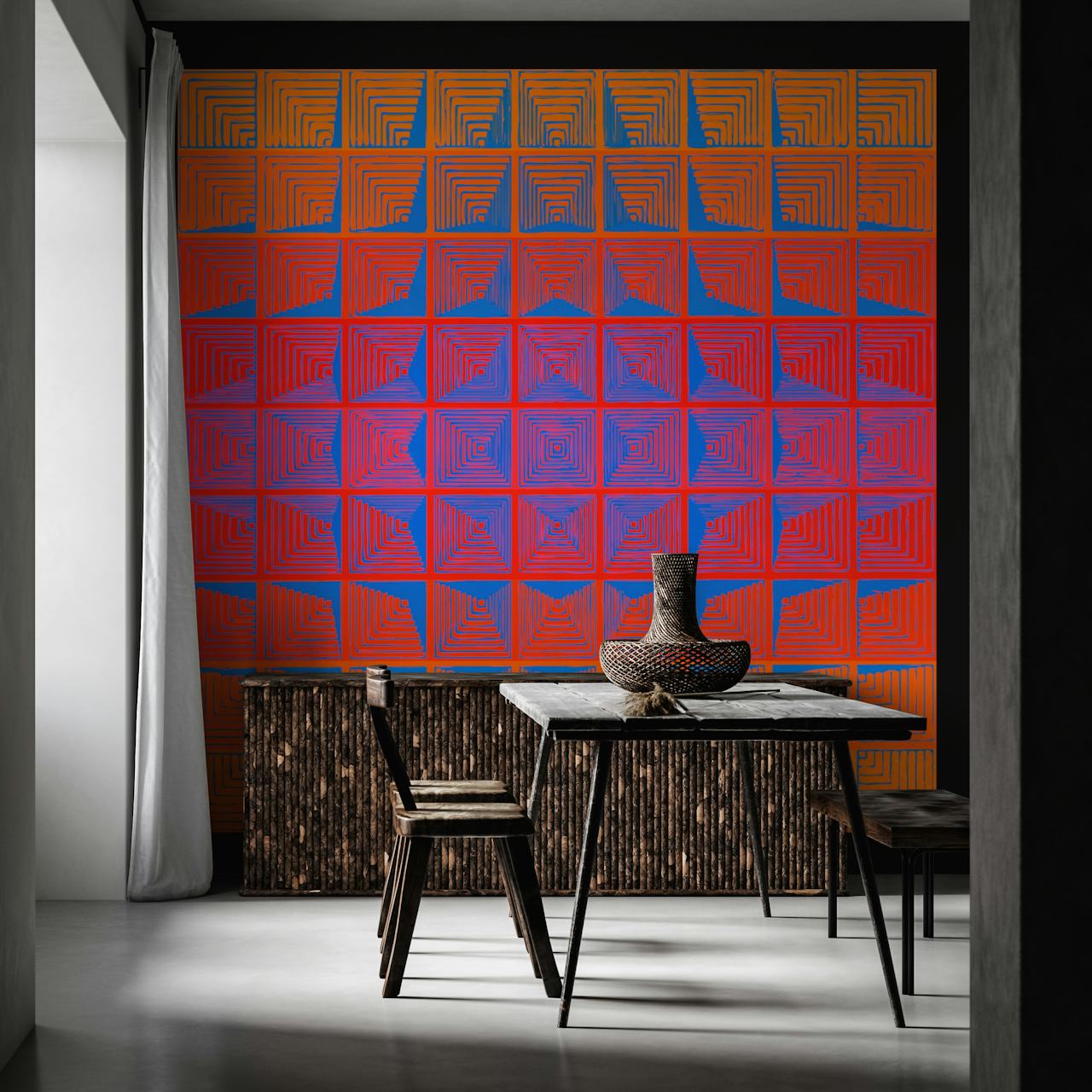 Murale Sunrise des années 70 inspirée de Panton de style rétro avec des motifs géométriques dans des tons ambre et céruléen