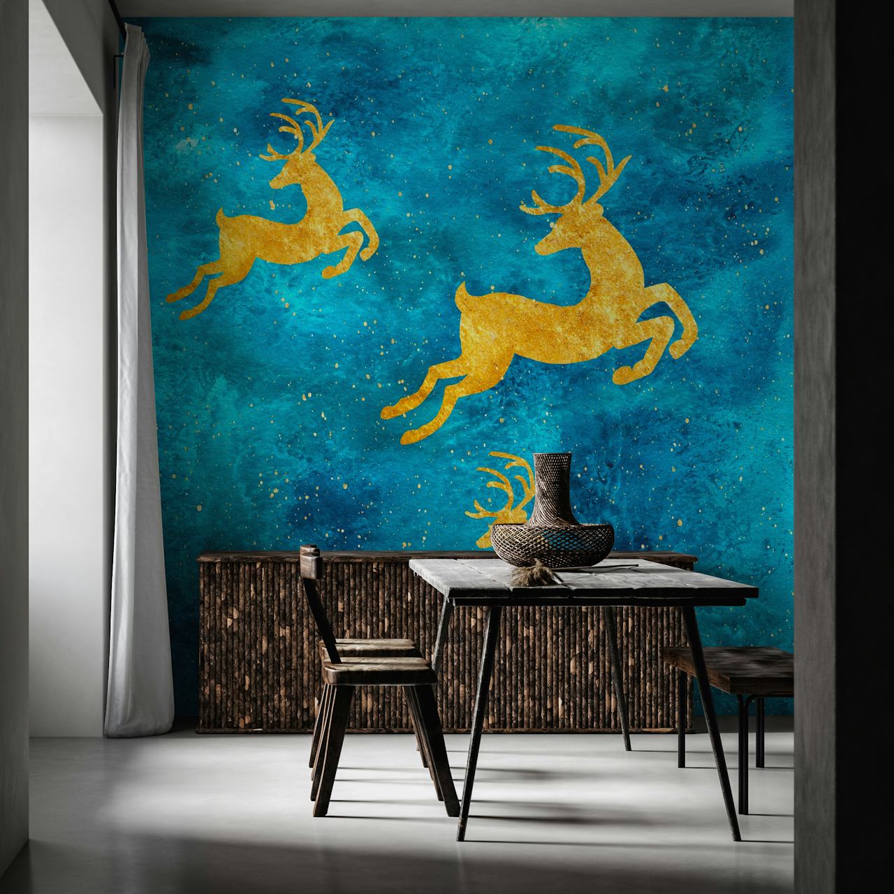 Golden reindeer wallpaper in a room