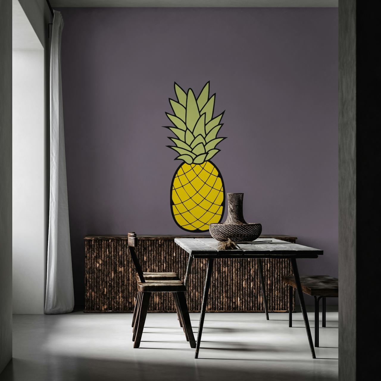 Yellow pineapple illustration on taupe background wall mural