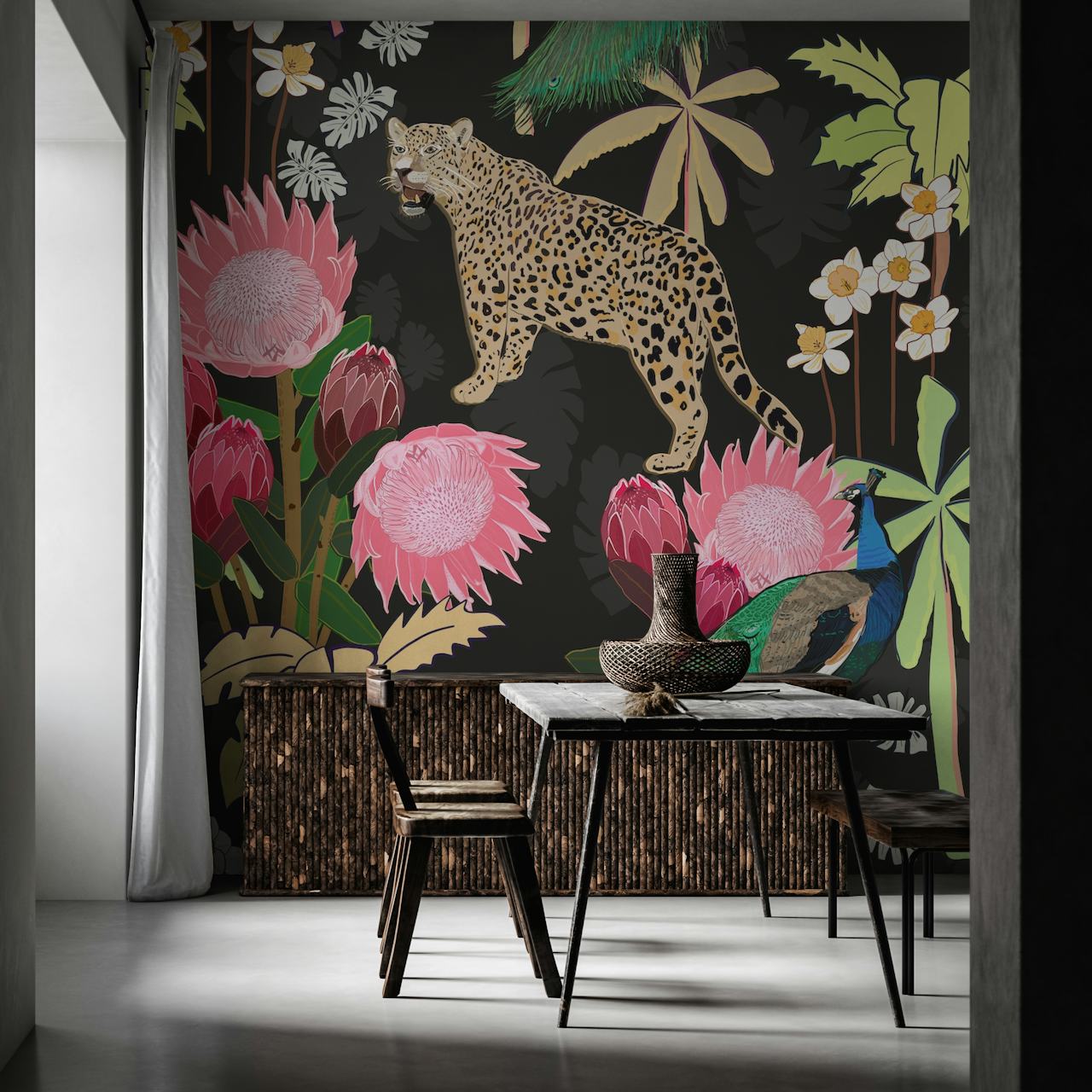 Tiger and peacock black wallpaper design