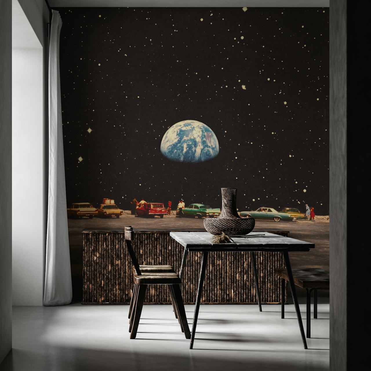 Vintage cosmic wallpaper featuring colorful cars under a starry sky