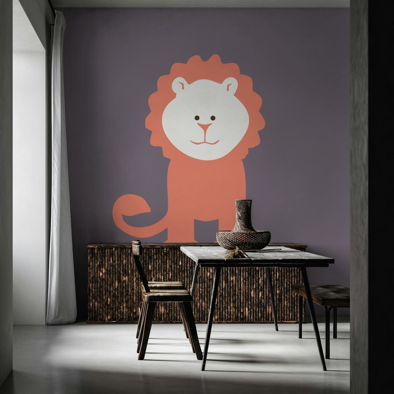 Stylized cartoon lion wall mural in plum, rust, and orange