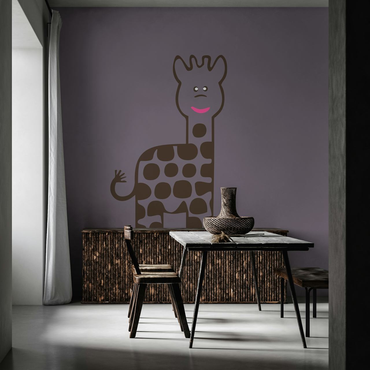 Dark plum violet giraffe wallpaper in a room