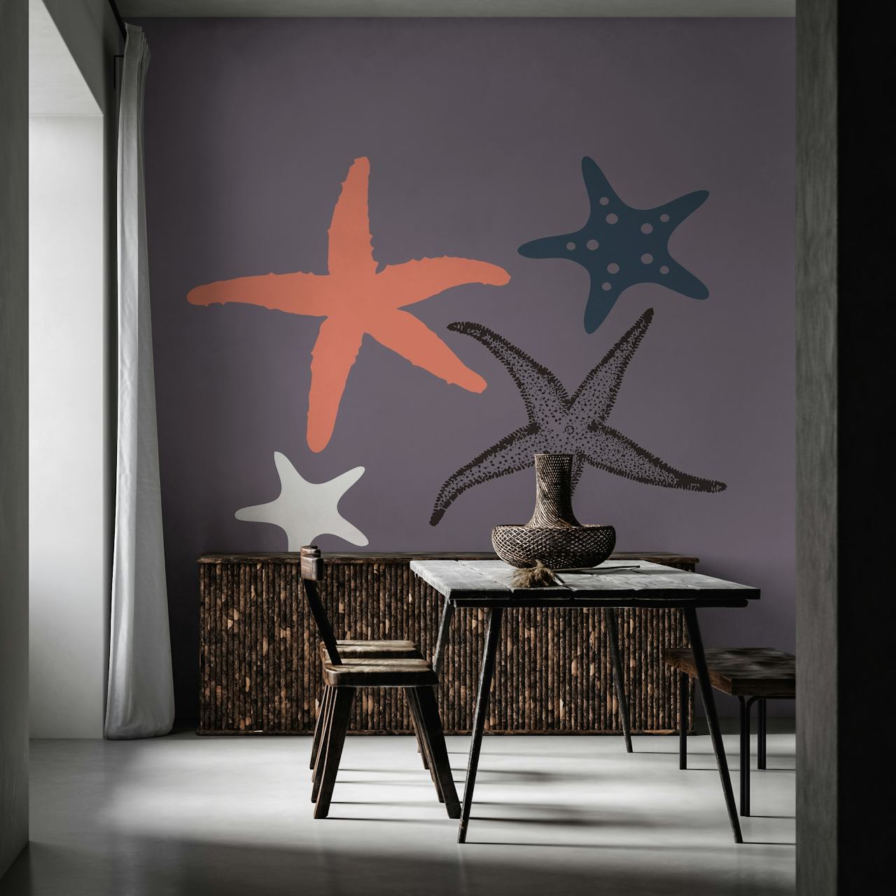 Starfish pattern in plum, coral, and navy on purple wallpaper
