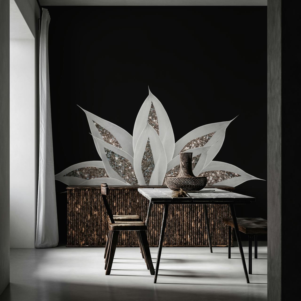 Gray Agave Silver Glitter Tapete in einem Raum