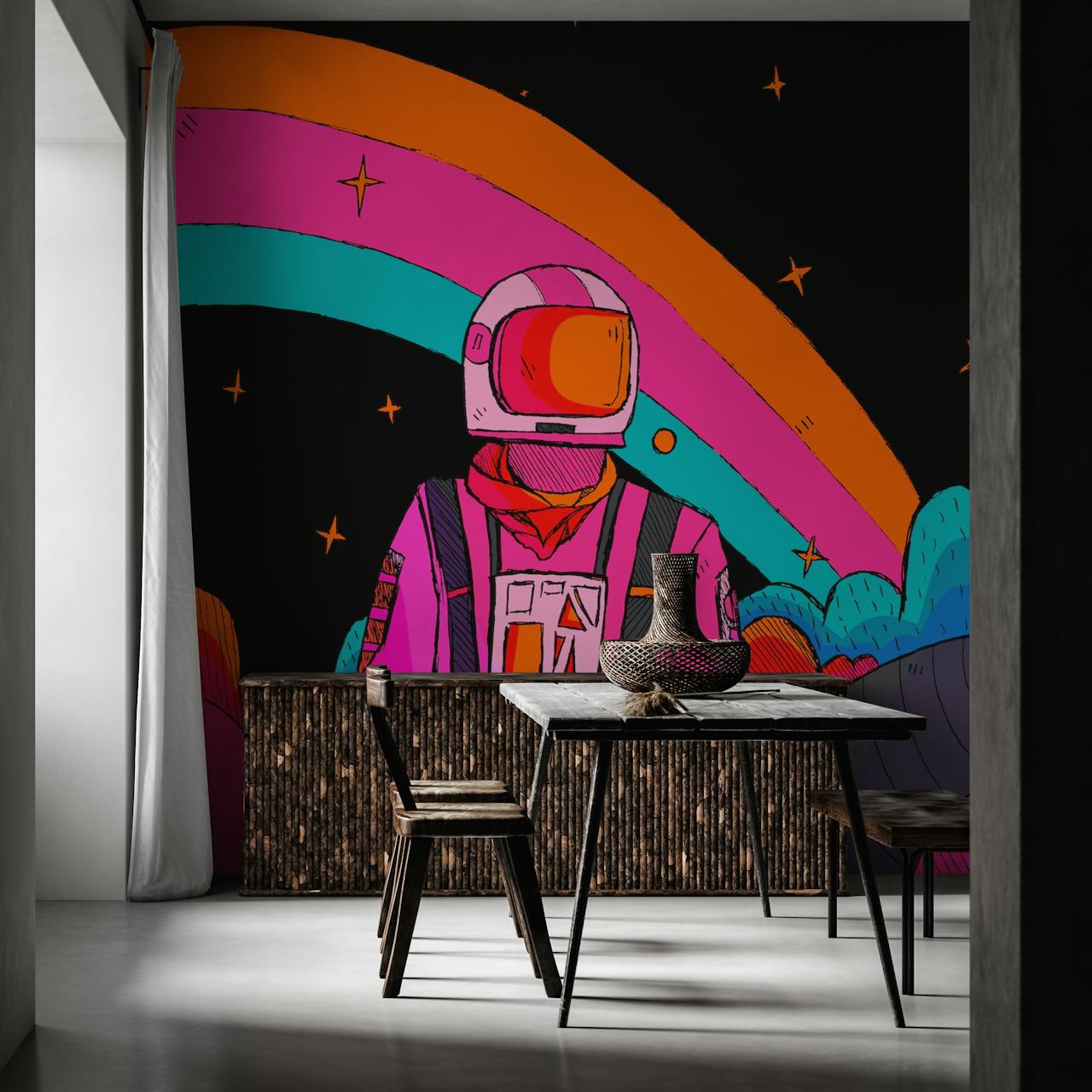 Papel tapiz Rainbow Astronaut en una habitación