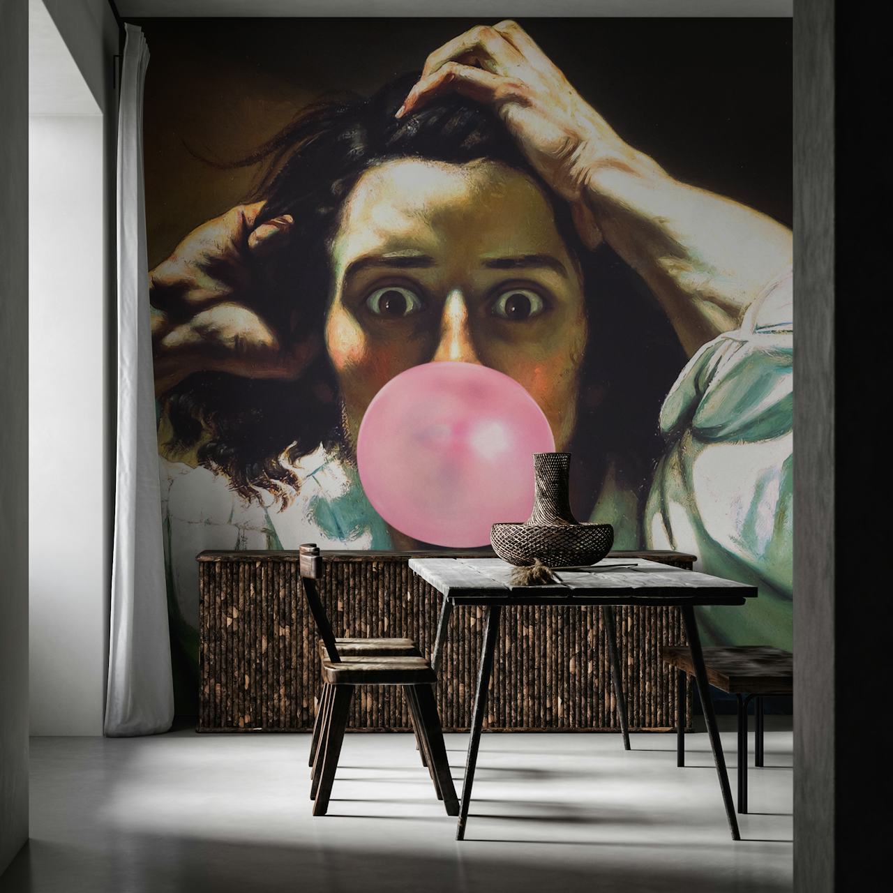 Dramatic figure with shocked expression blowing pink bubble gum wallpaper