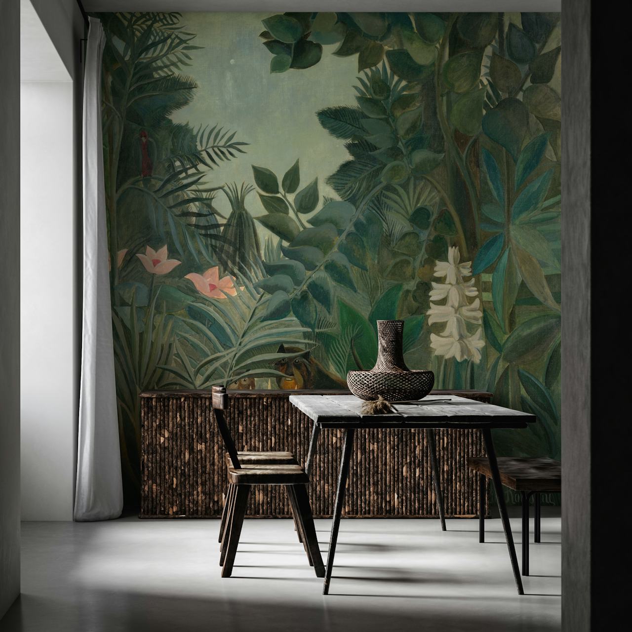 Tropical jungle foliage with pink flowers and green leaves wallpaper