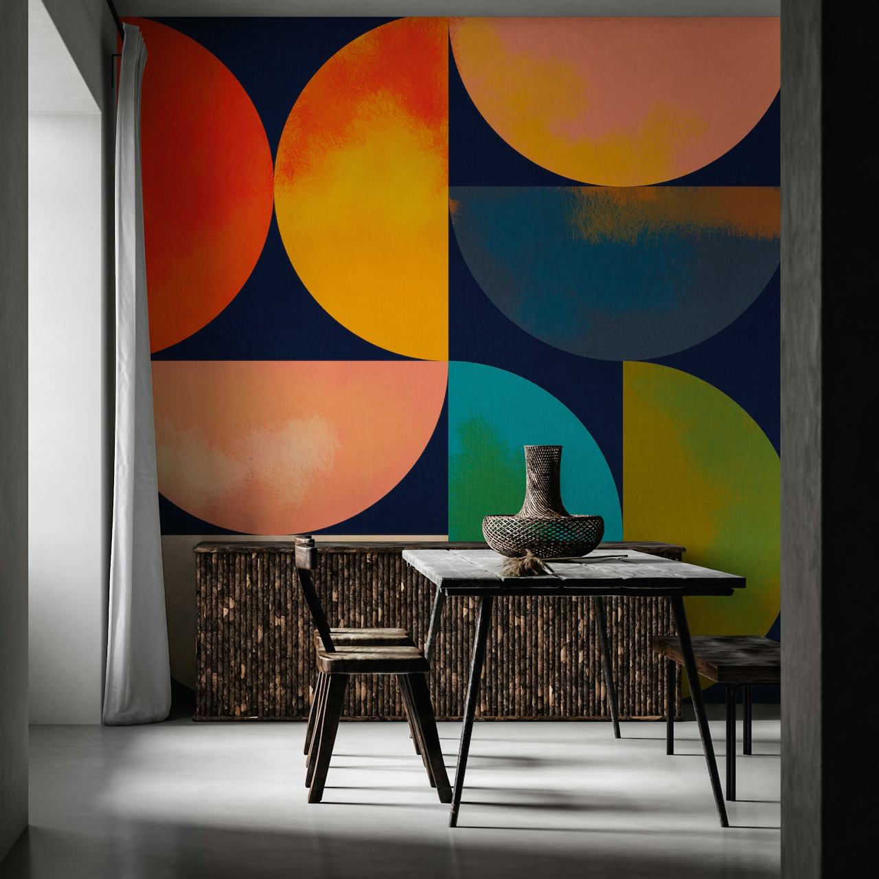Kleurige mid-century shapes behang in een kamer