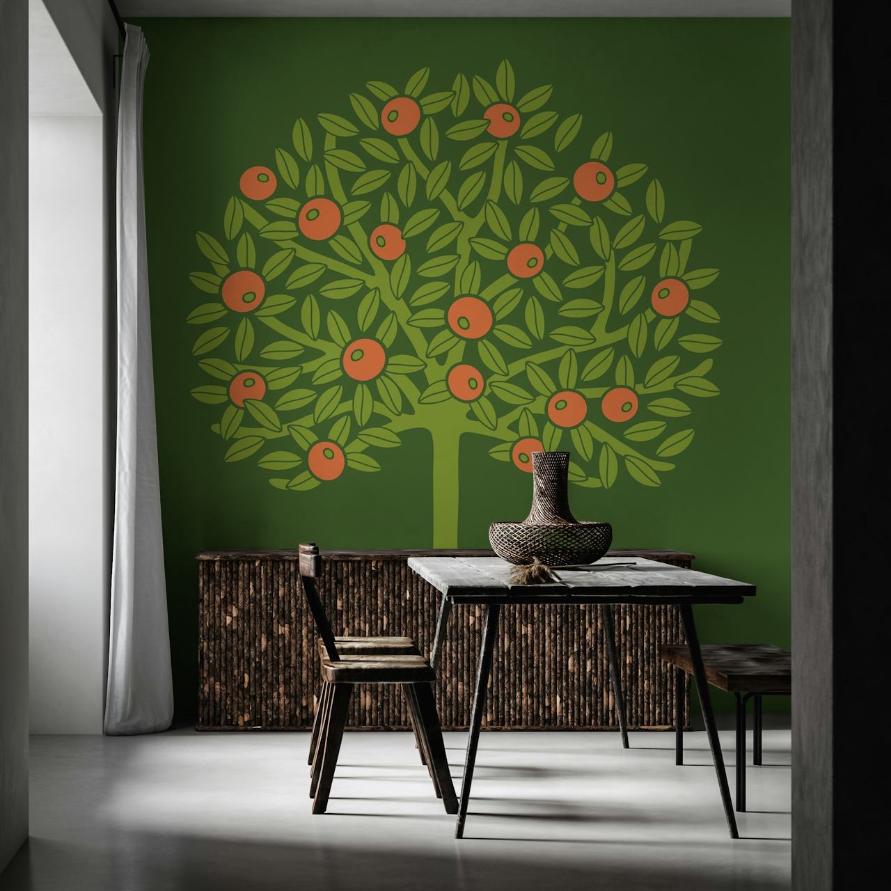 Avocado grøn tapet med frugtrædesign