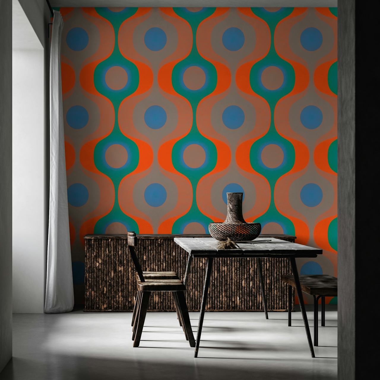 Geometric pattern with orange and blue shapes wallpaper