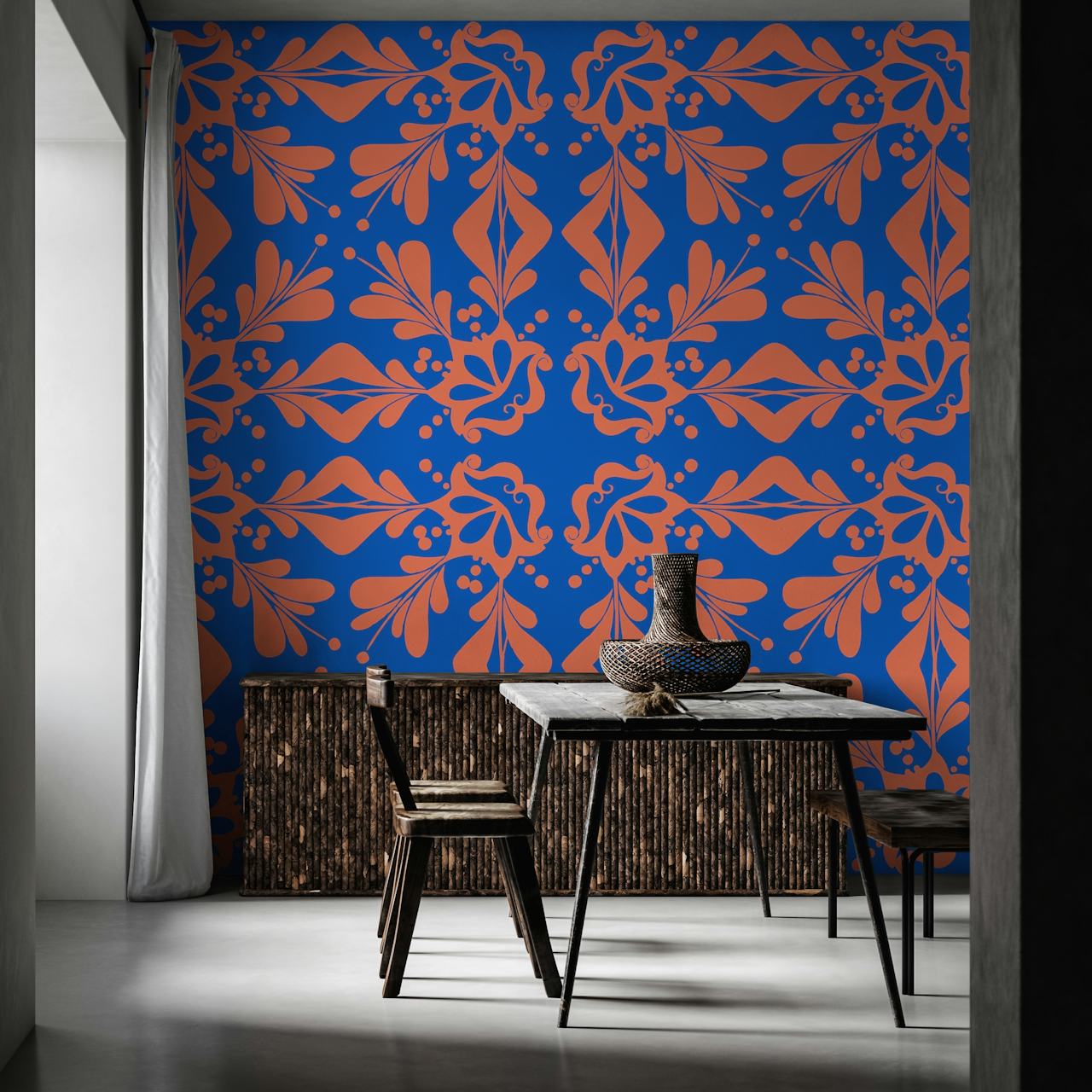 Moroccan cobalt blue orange ornament wallpaper design
