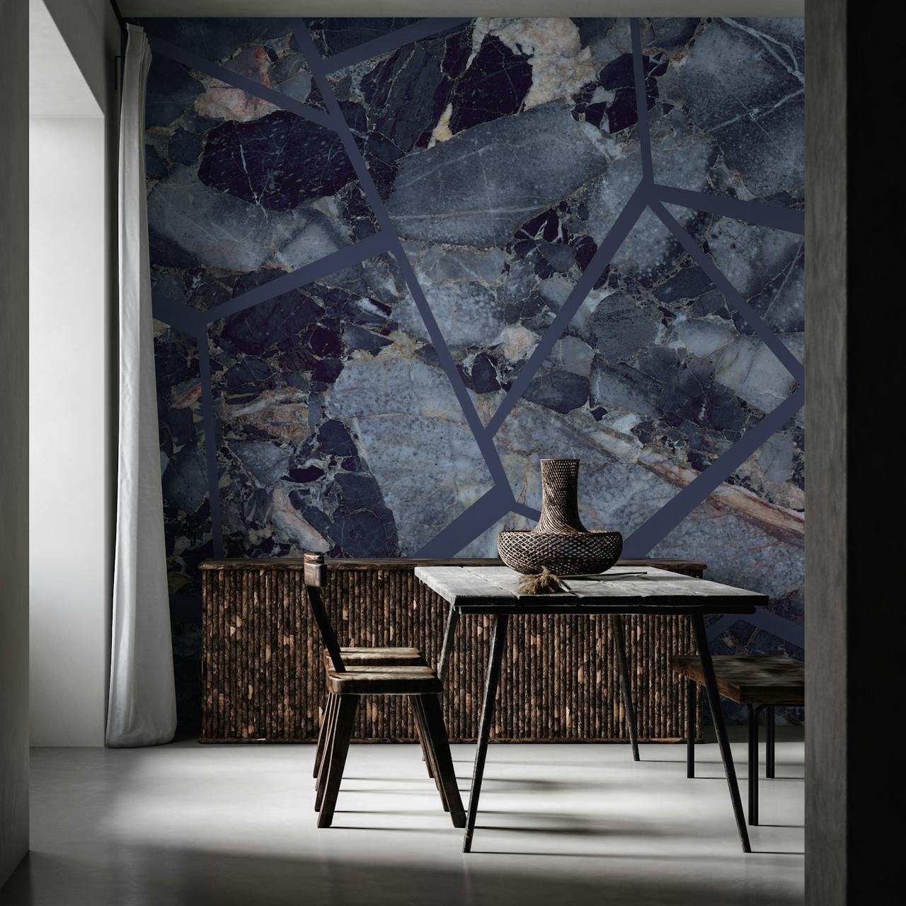Dark blue polygonal marble wallpaper in a room