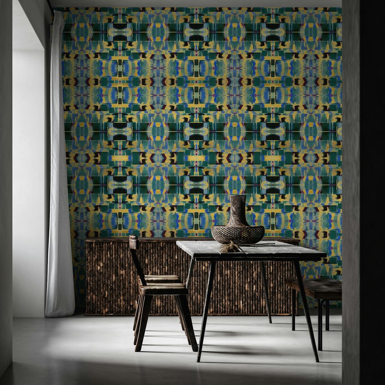Art Deco geometric pattern in gold and blue wallpaper